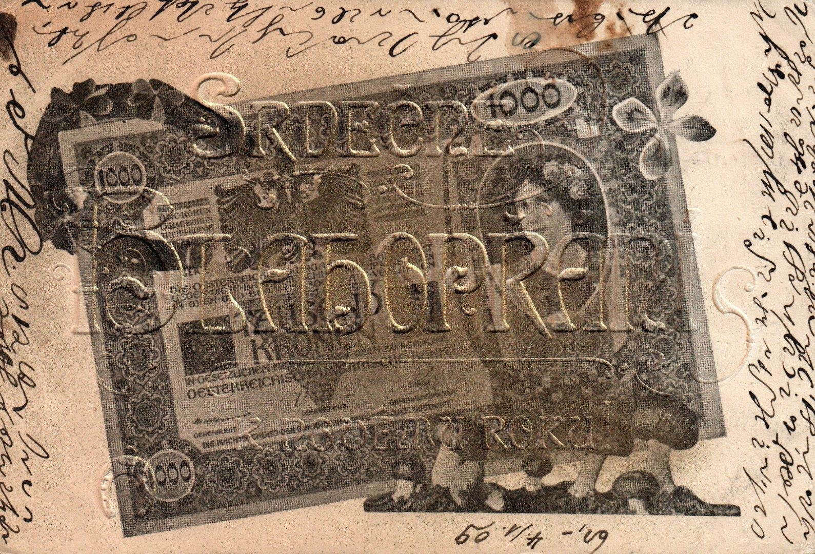 Vintage 1902 Austria 1000 Kronen Banknote Postcard Embossed Currency 1909 Posted