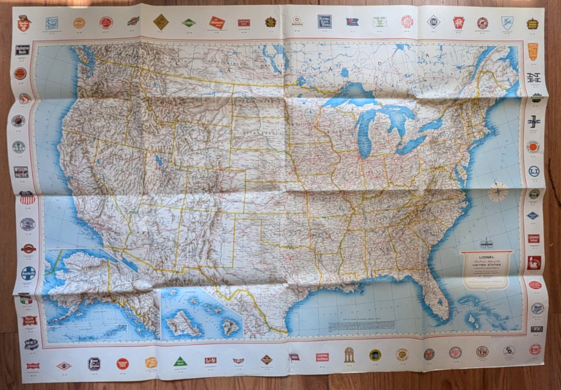 Vintage 1958-\'66 No.950 Lionel Railroad Map-United States, Rand McNally, 37 x 52