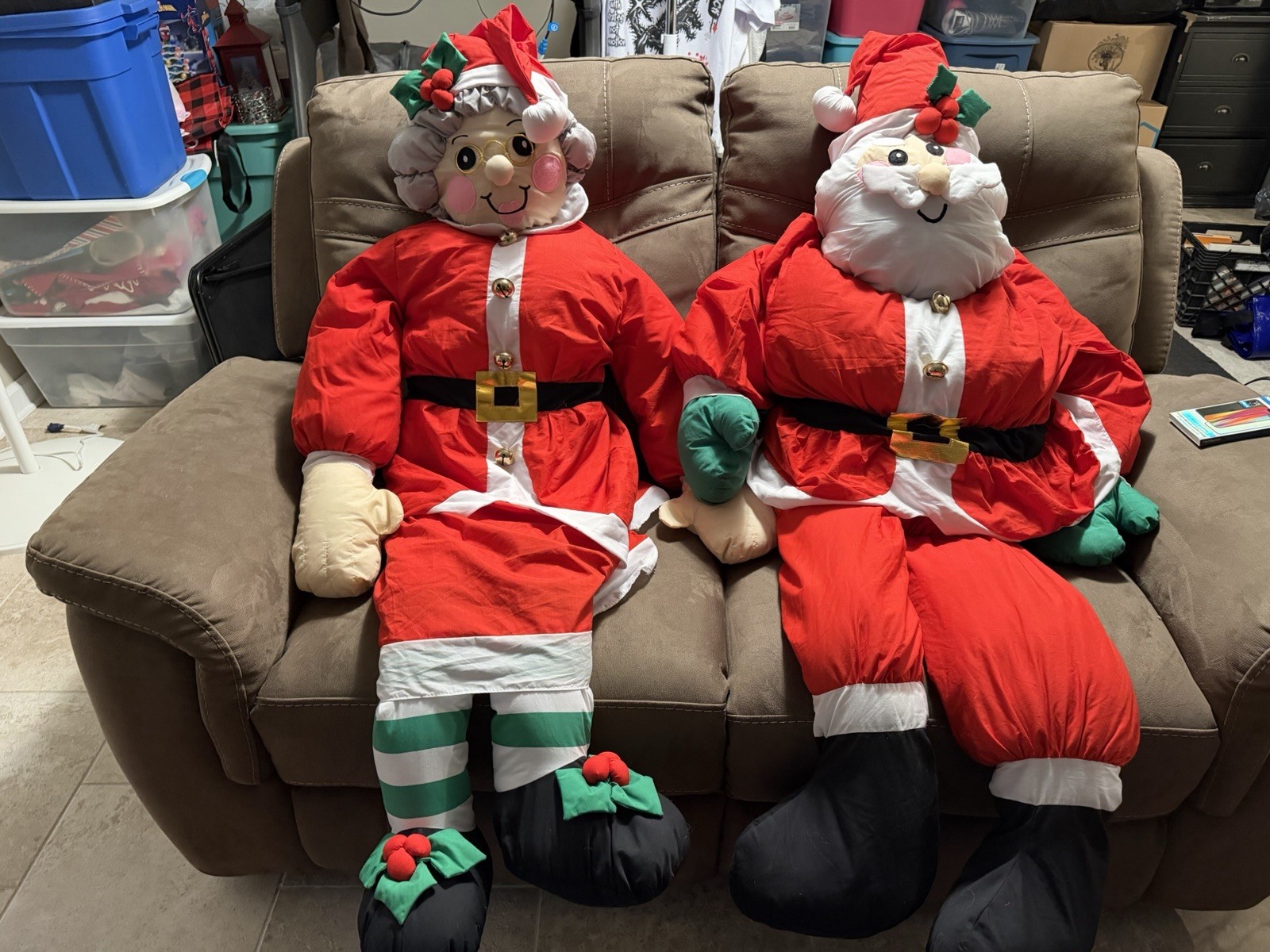 Vintage Lillian Vernon Life Size Santa & Mrs Claus Plush Porch Sitter Dolls 60