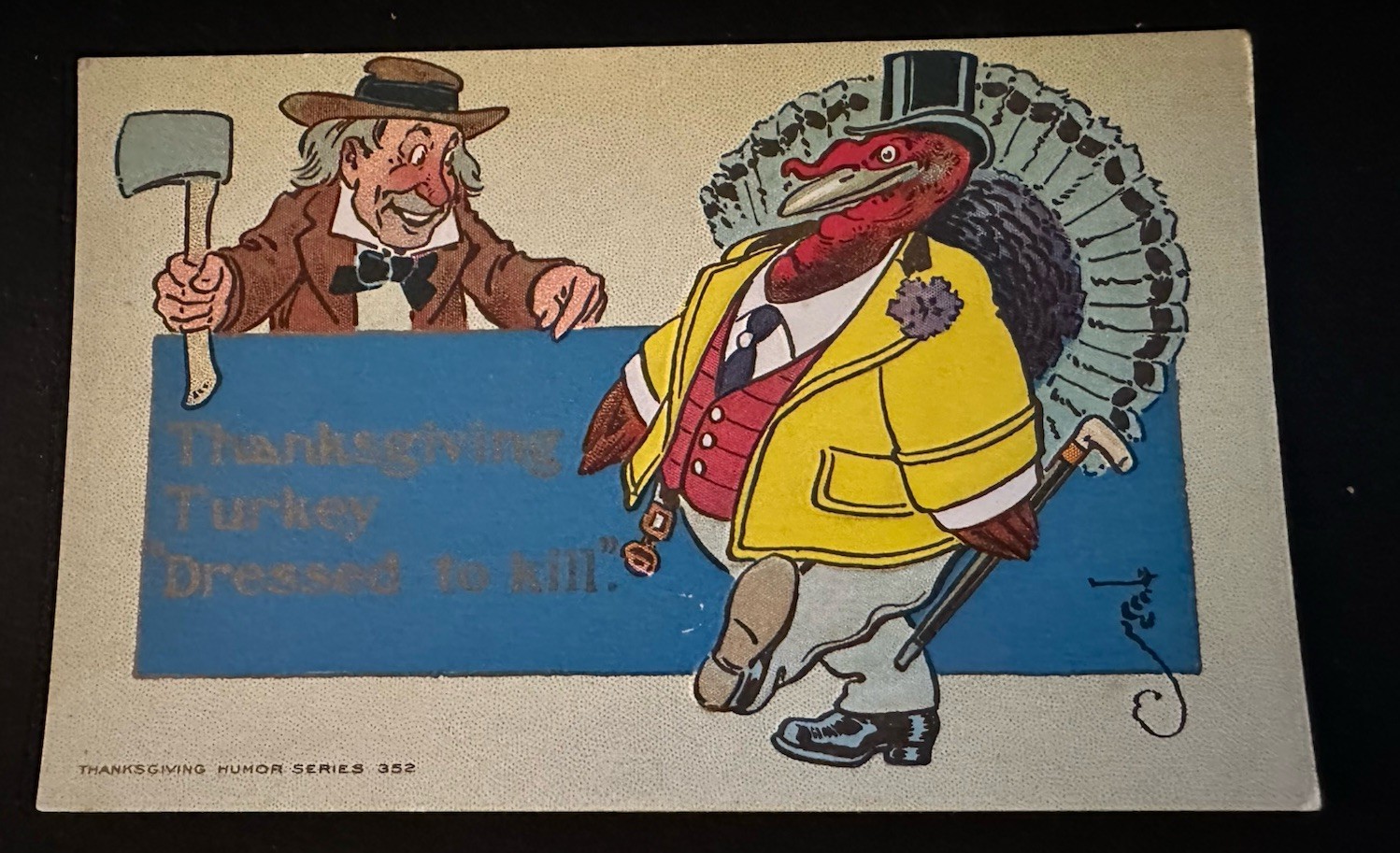 Dressed Turkey in Top Hat  with Joke Book~Thanksgiving Postcard A/s Denslow~d826