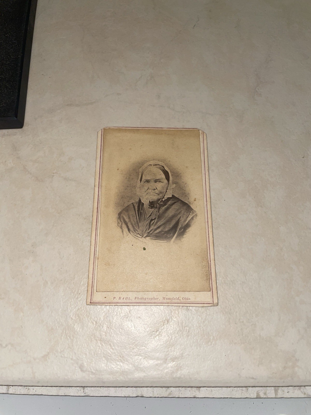 Antique 1860s CDV Photo Bonnet Woman P. Bahl Mansfield OH Revenue Stamp