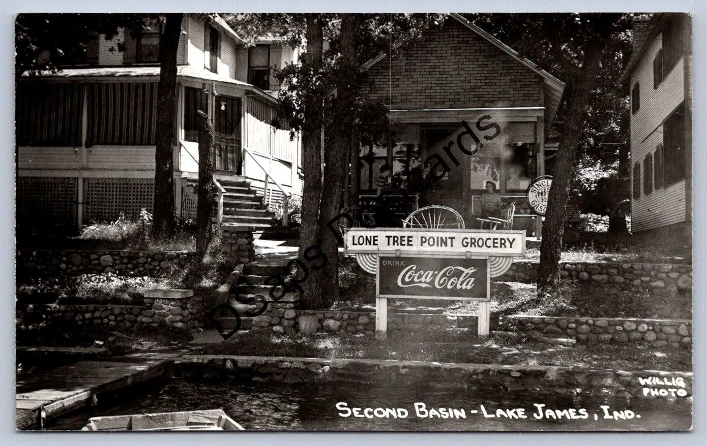 K59/ Lake James Indiana RPPC Postcard c40s 2nd Basin Lone Tree Grocery 477