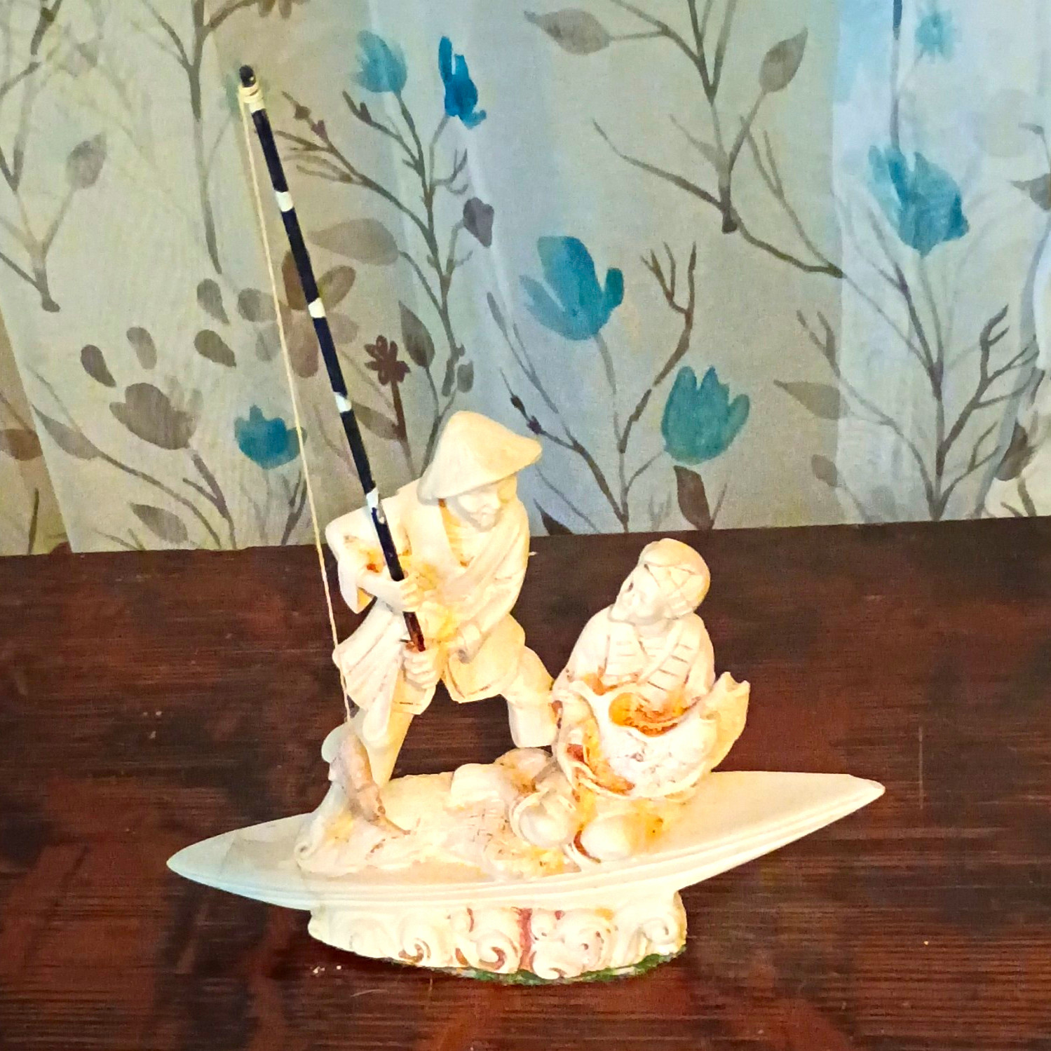 Chinese Fisherman with Net and Child Porcelain Figurine Statue