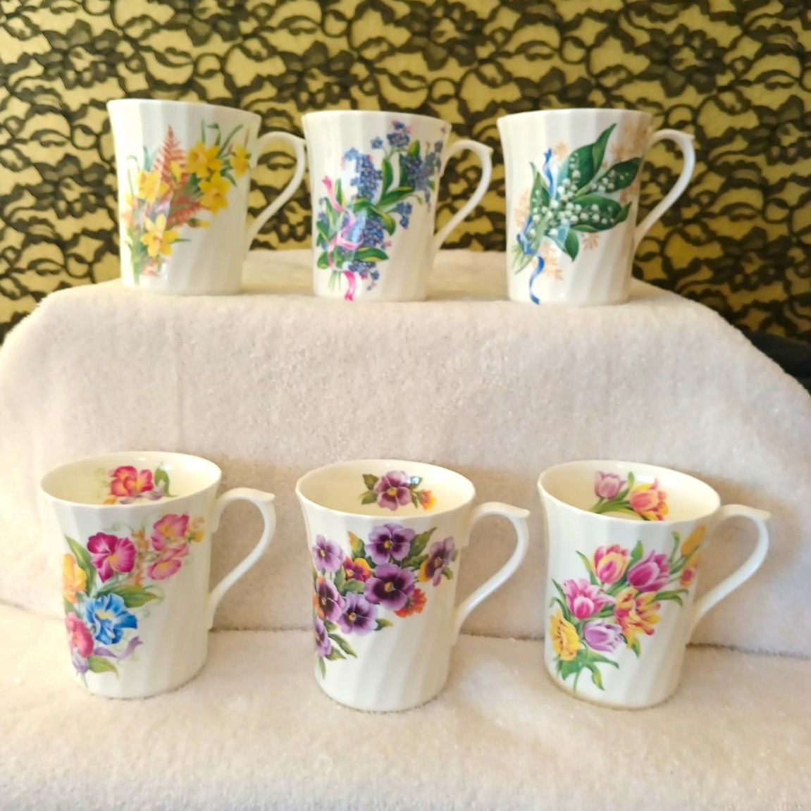 Set of 6 David Michael Staffordshire Fine Bone China White/Floral Coffee Mugs 