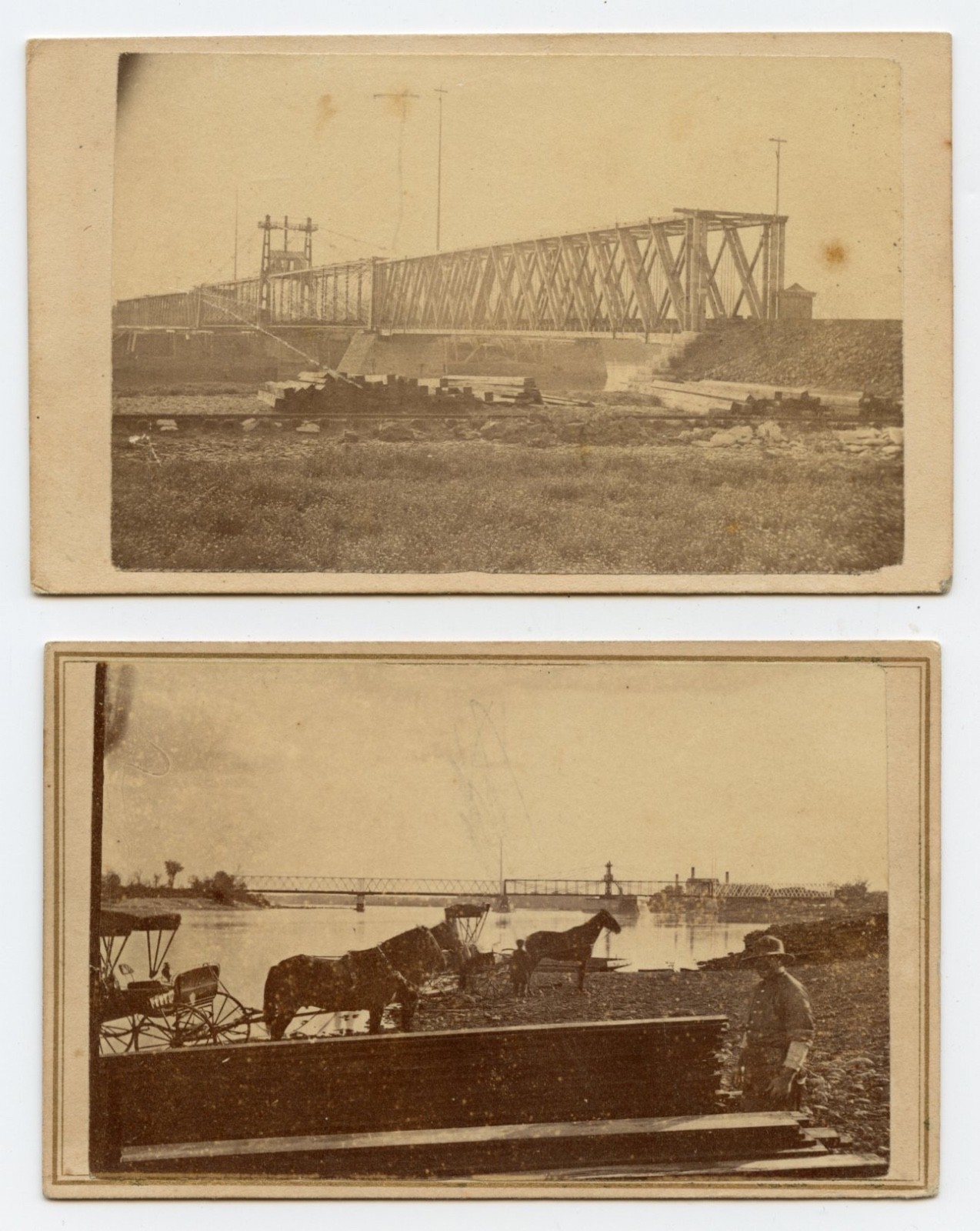 Civil War-era CDV Clinton, Iowa Bridge under construction, Mississippi River