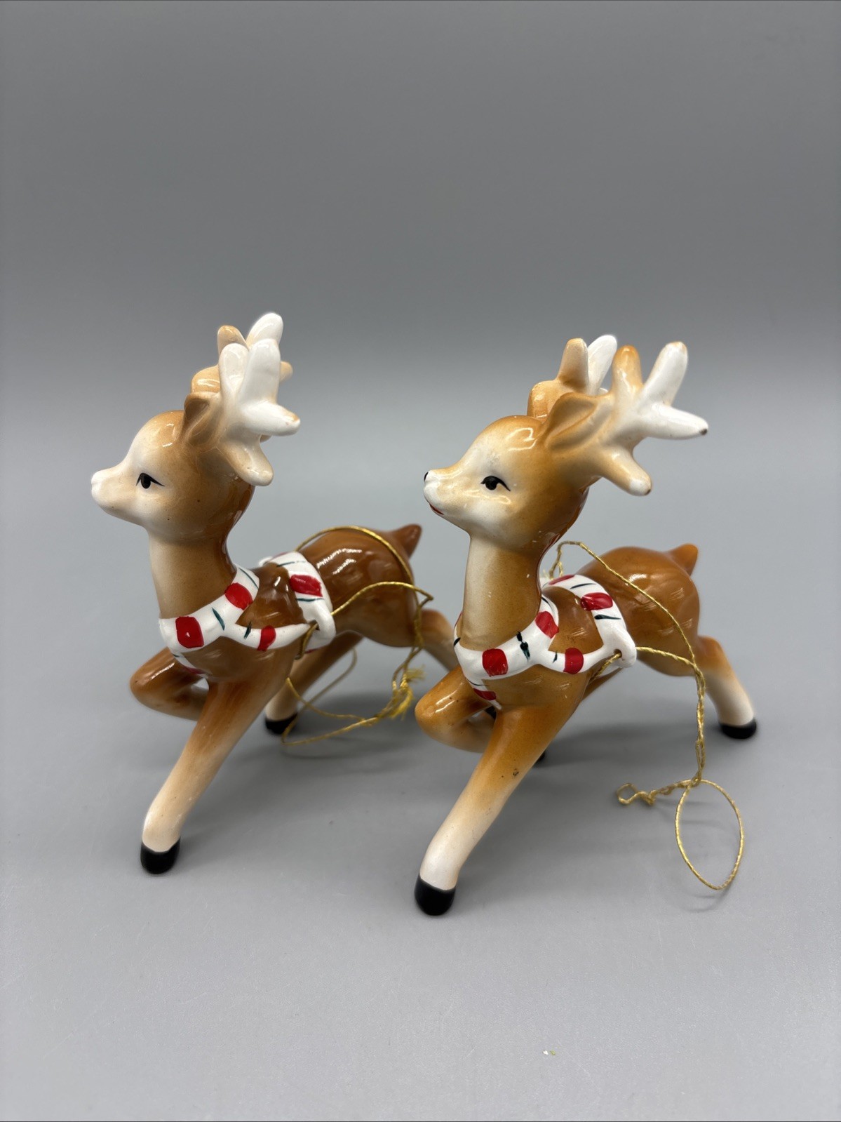 2 Vintage Lefton Candy Cane Halter Prancing Reindeer 1950's  STUNNING 