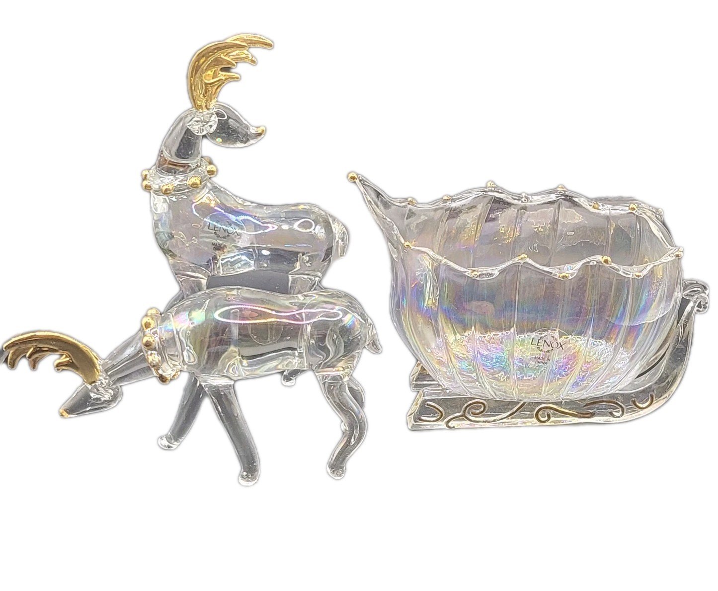 Vtg Christmas Lenox Shimmering Sleigh Ride Sleigh & 2 Reindeer 775782 Santa 