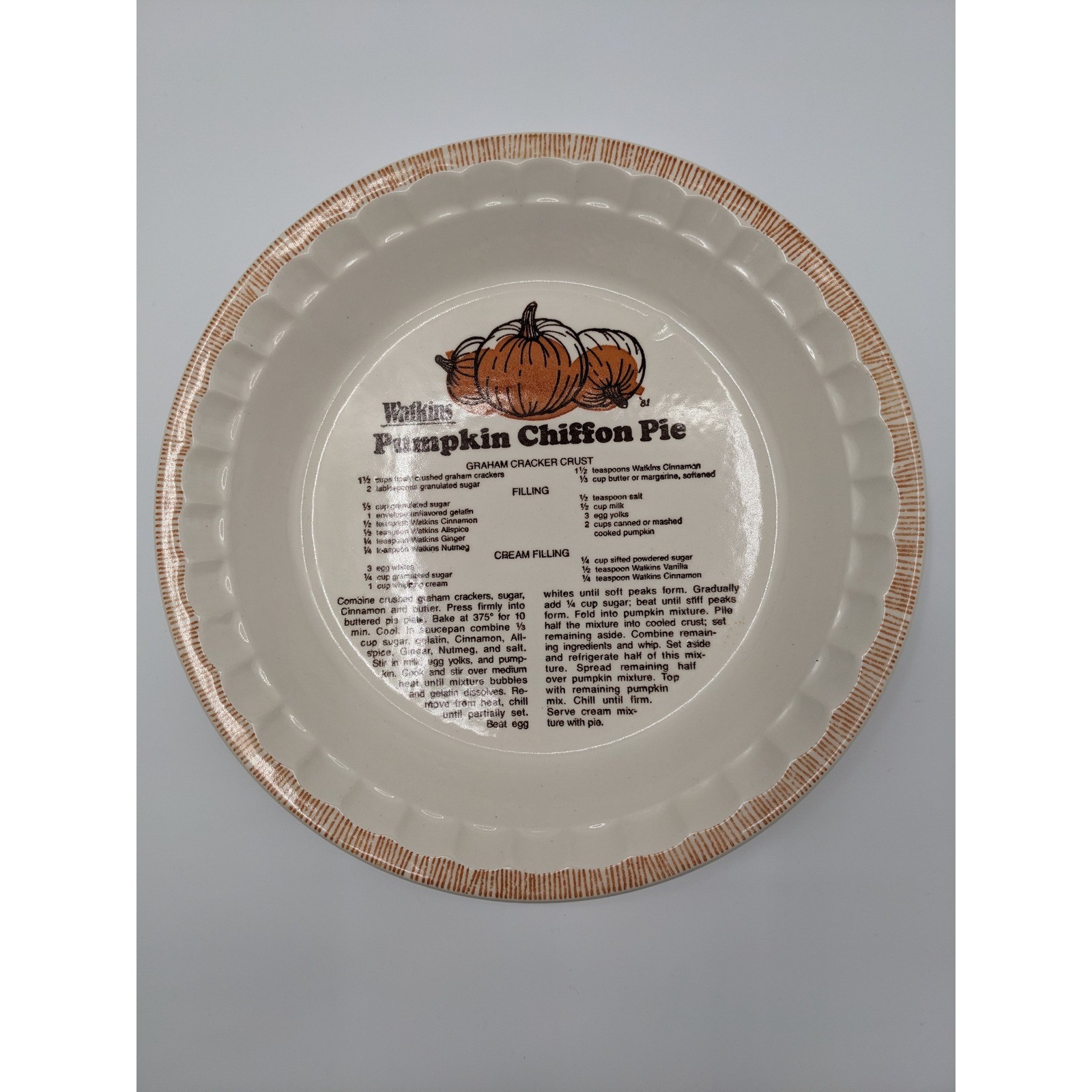 Vintage 1981 Watkins Pumpkin Chiffon Pie Recipe Plate Dish Fluted Stoneware 11