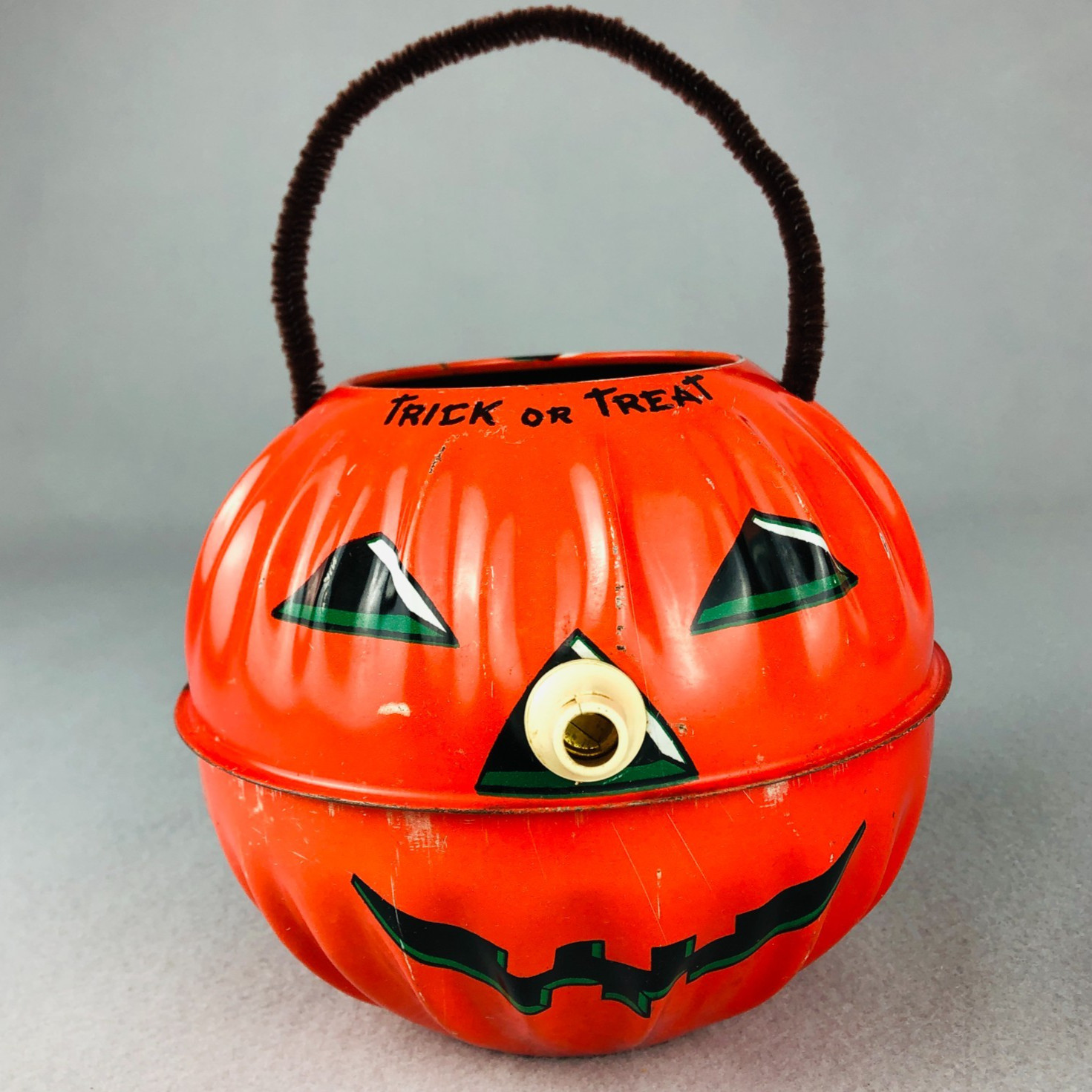 Vintage Halloween Jack O Lantern Bucket US Metal Toy Tin Litho Whistle Nose 50s