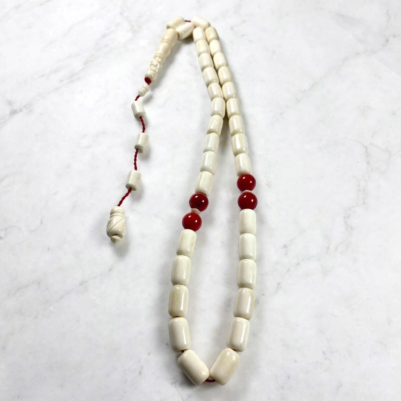 Antique Ottoman Camel Bone Tesbih 33 Beads 13.5mm Red Coral Misbaha 56g