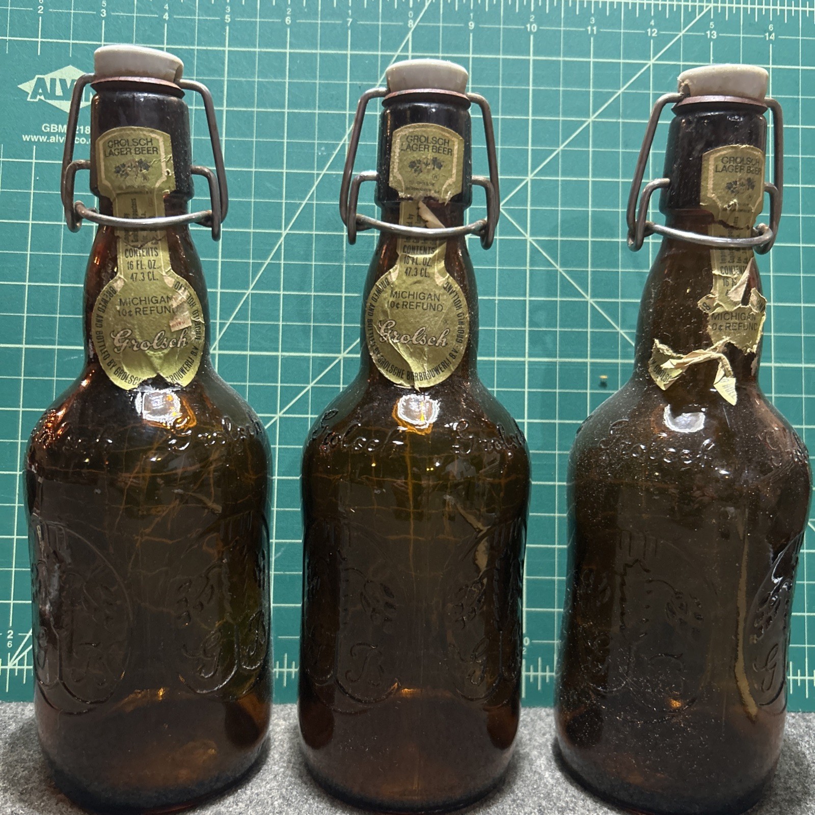 Vtg X3 Glass Grolsch Bottle With Porcelain Topper Amber Color Empty Unique Rare