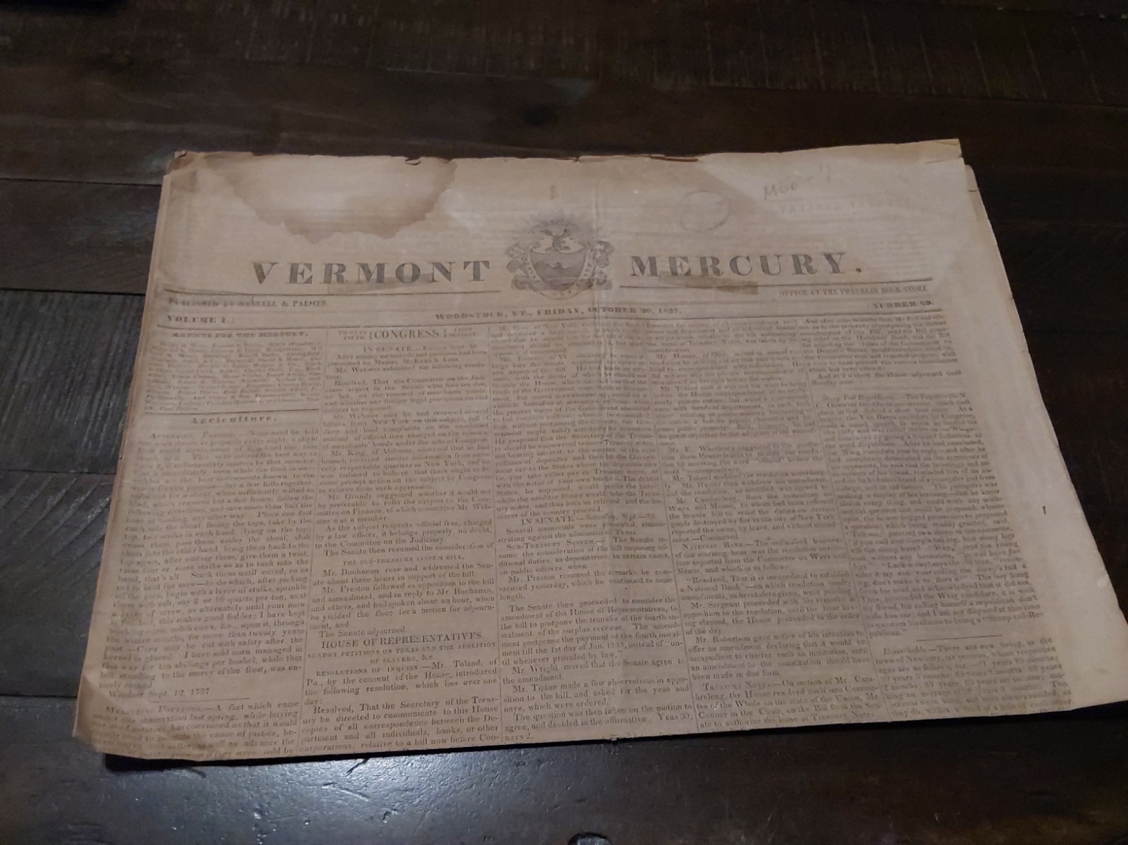 1837 Woodstock VT Vermont Mercury Newspaper