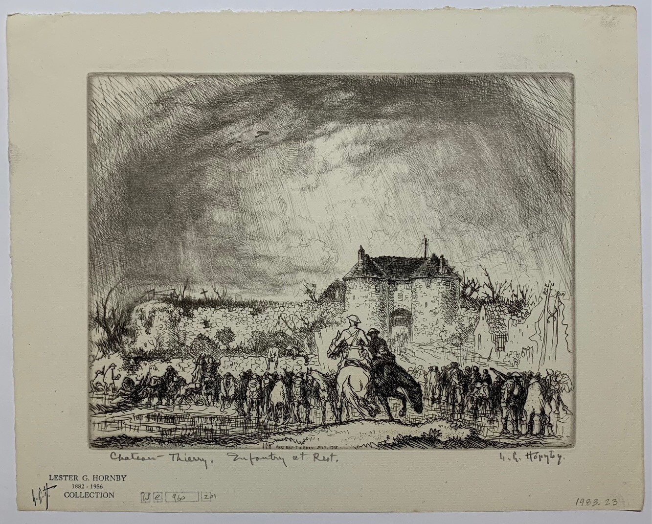 Scarce LESTER HORNBY 'Infantry at Rest Chateau Thierry 1918' WORLD WAR 1 ETCHING