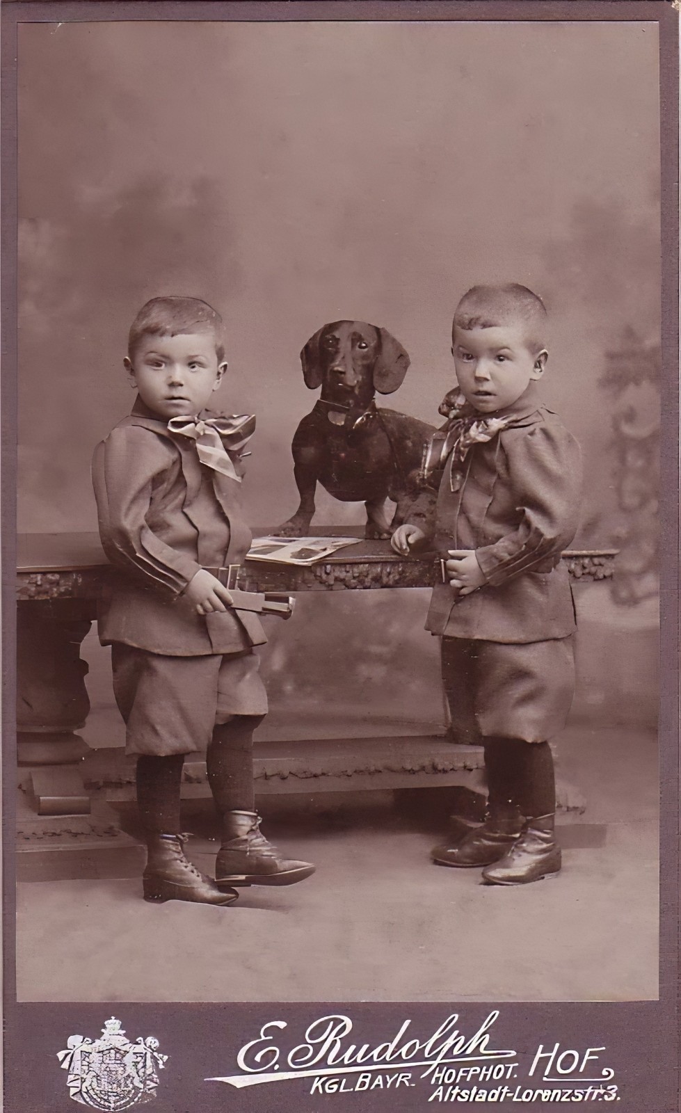 Vintage Photo TWINS with their DACHSHUND DOG Image - 5 x 7 inch Print