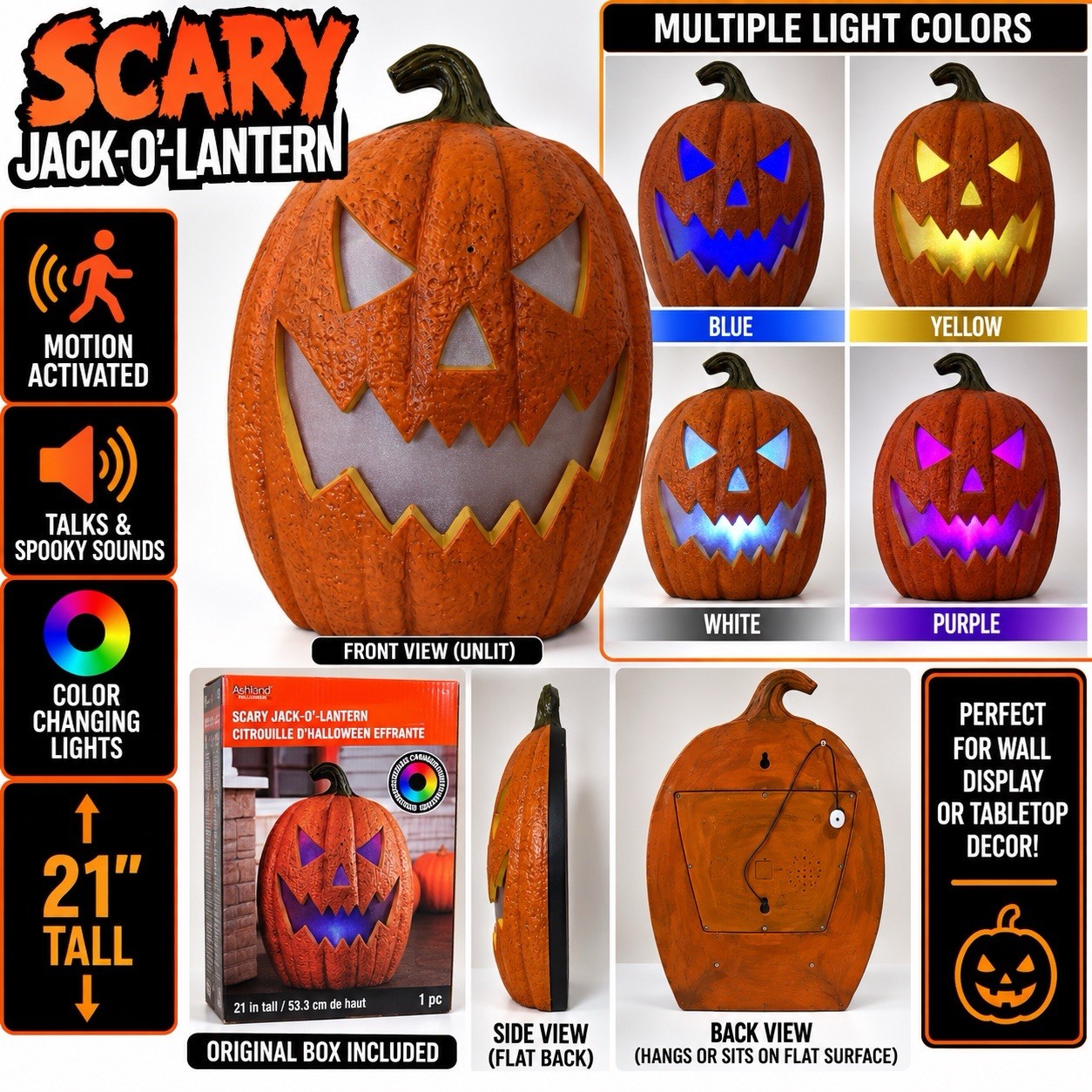 Ashland Halloween 21” Scary Jack-O-Lantern Motion Activated Color Changing