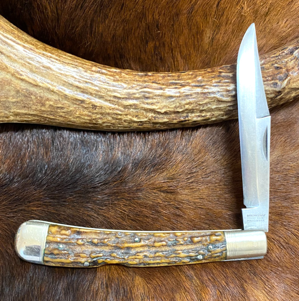 Winchester, Trademark, Made in USA., 1950 Lockback Folding Hunter, Stag, 5 1/4