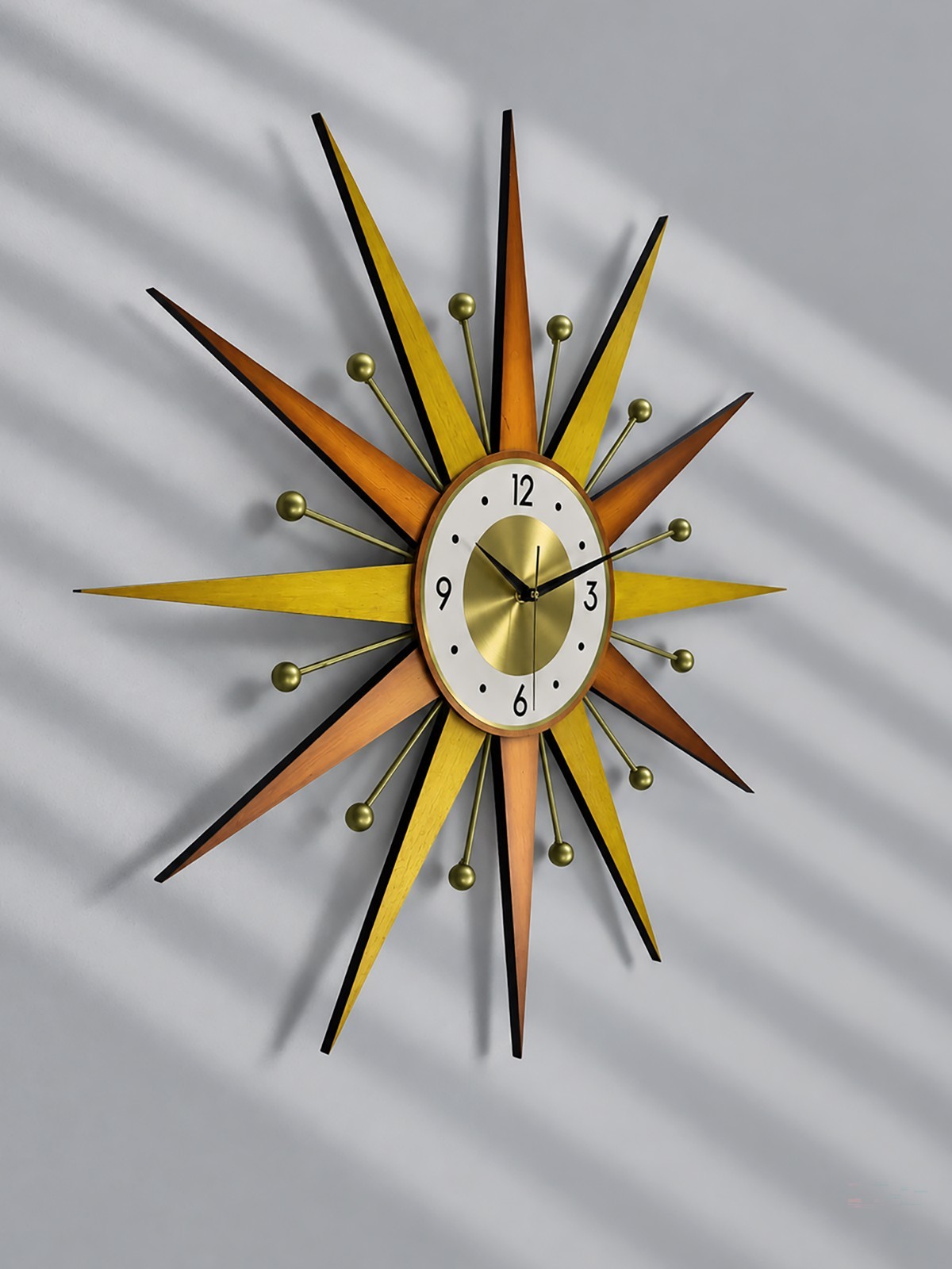 Handmade Orange Sunburst Wall Clock Mid Century Modern Gold Silent Retro Decor