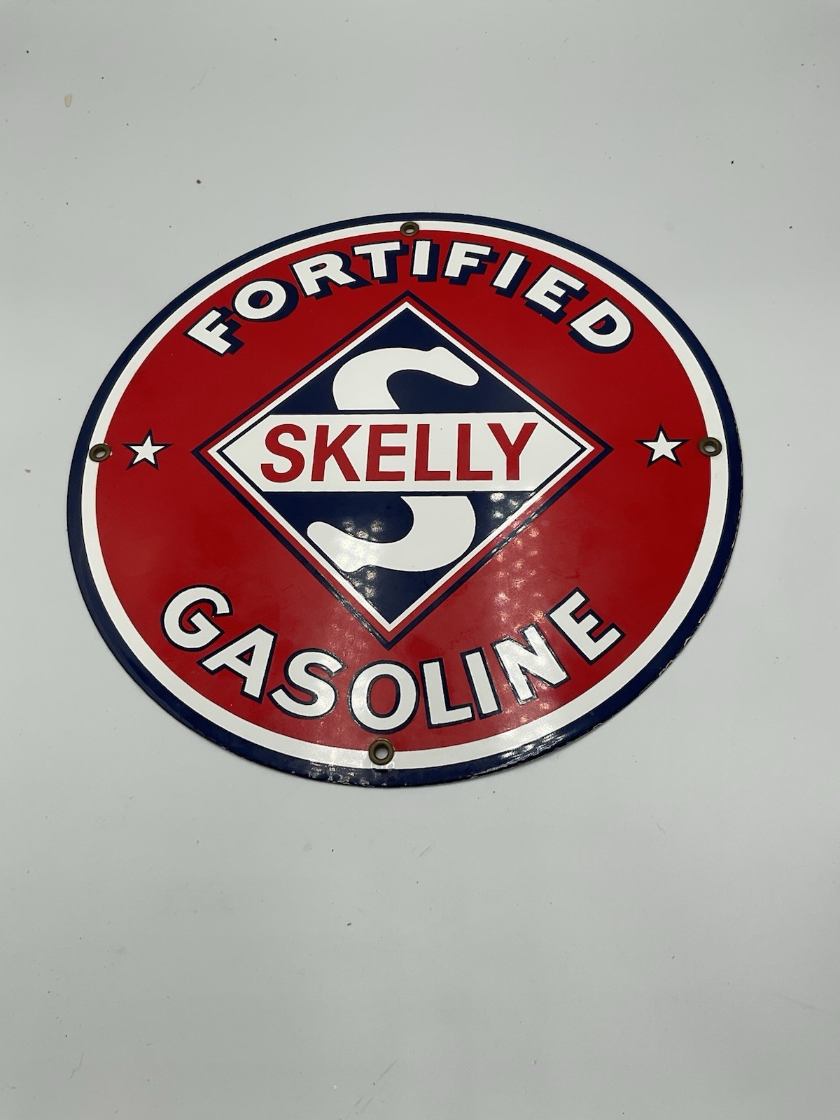 Vintage Skelly Fortified Gasoline, 12” Porcelain Metal Service Station Oil Sign