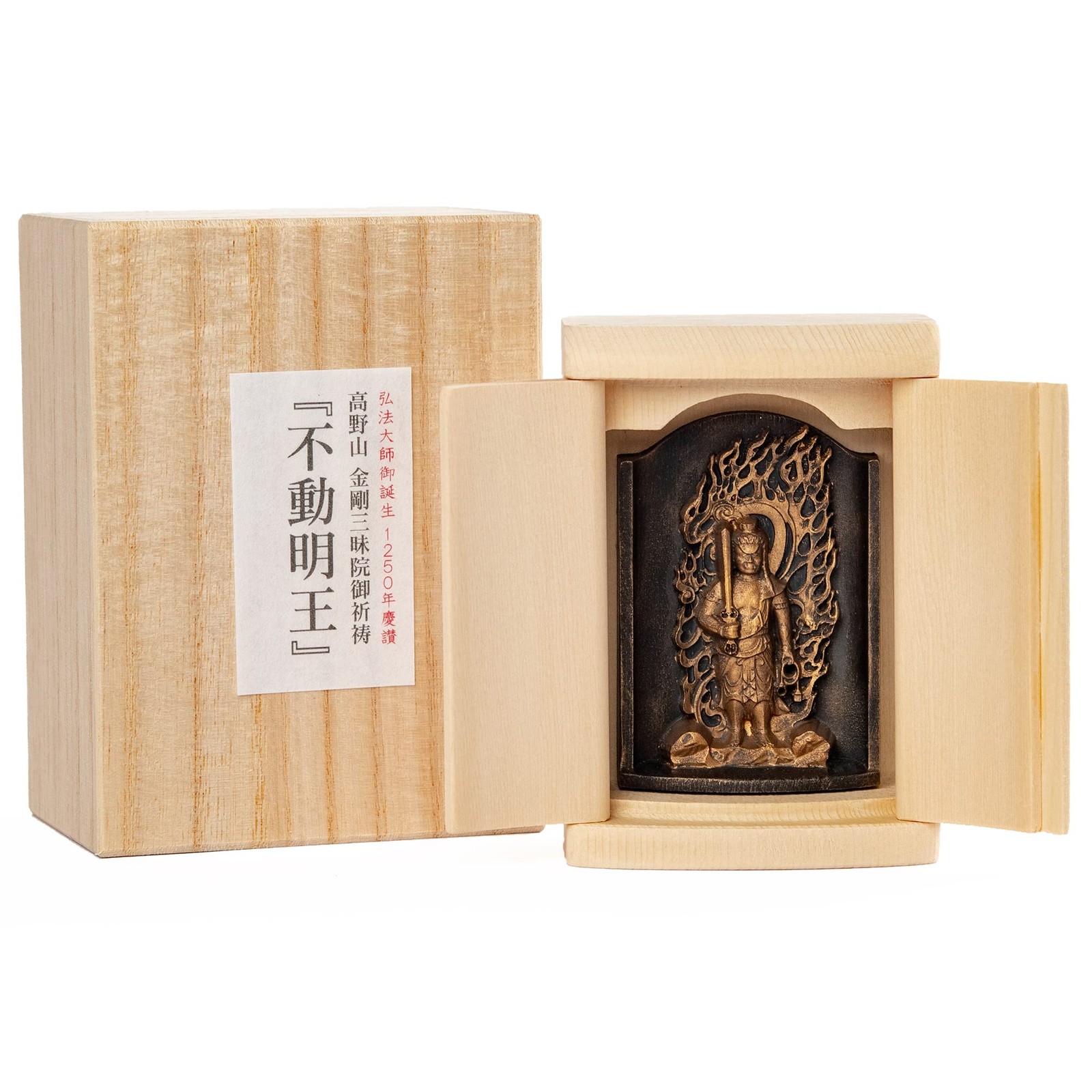 Standing statue of Acala in a shrine  gold finish  by Kobo Daishi, Kukai, and