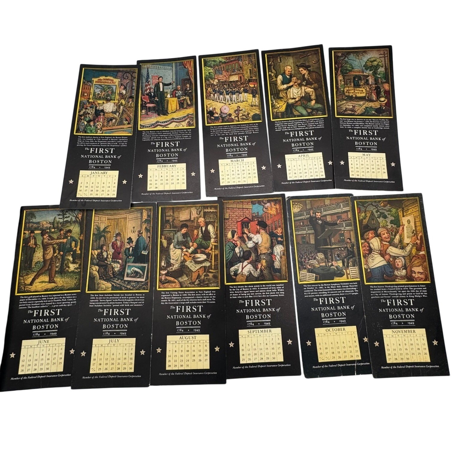 Vintage 1949 First National Bank of Boston Historical Calendar Cards Lot of 11