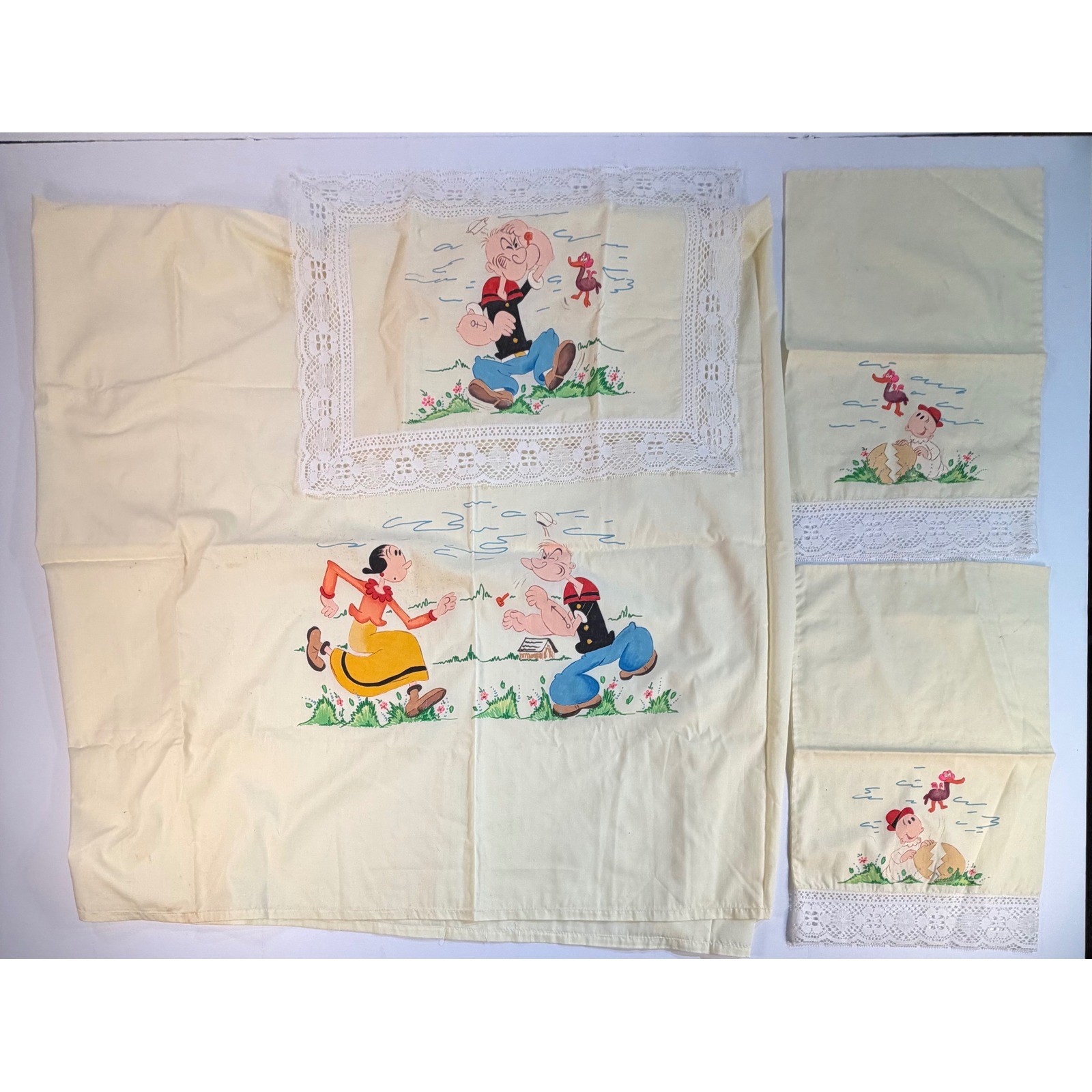 Vintage Popeye Olive Oyl Hand Painted Blanket + 3 Mini Pillowcase Set Lace Trim