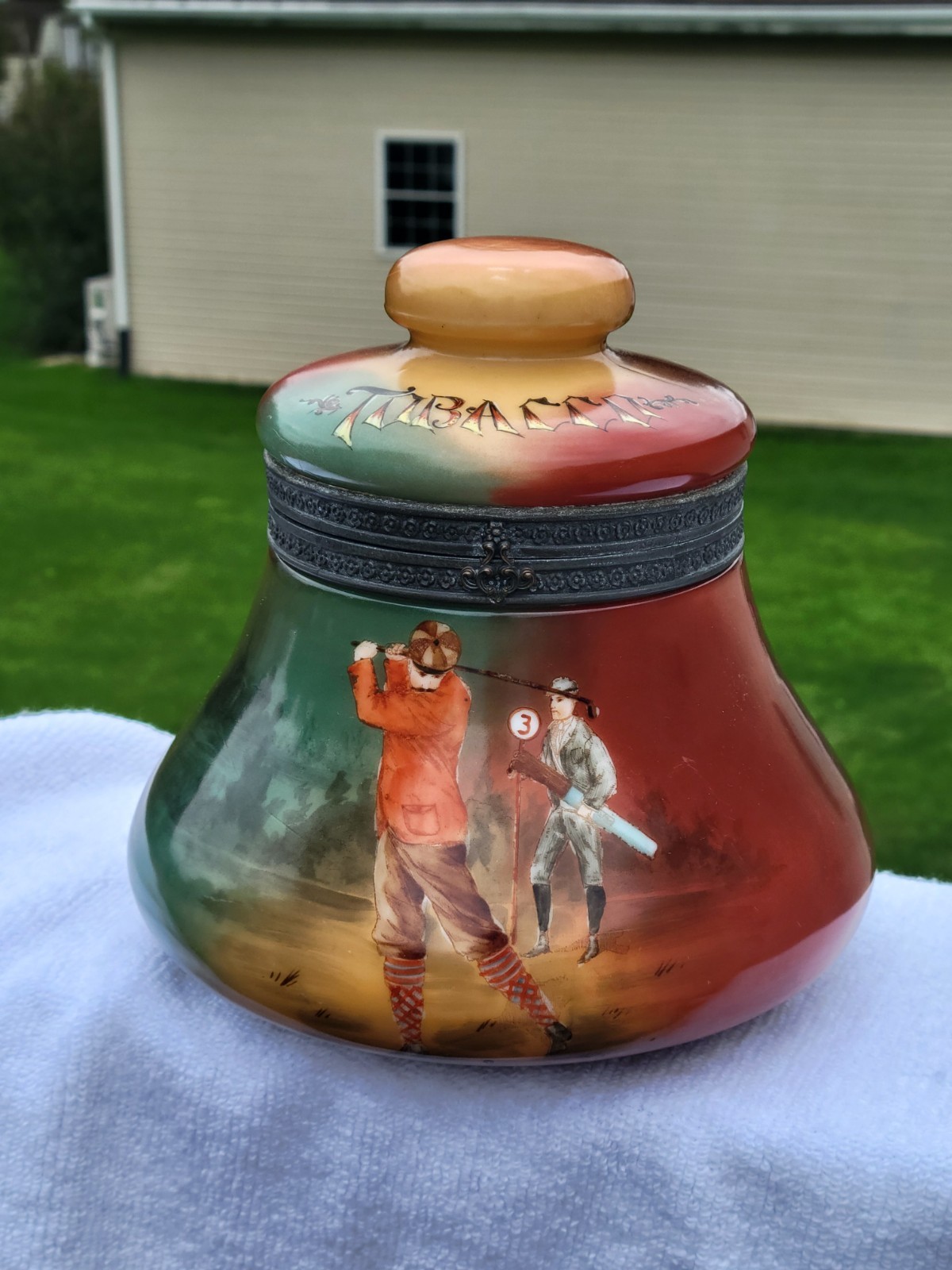 Rare Antique Victorian Handel Hand Painted Art Glass Golfers Tobacco Humidor Jar