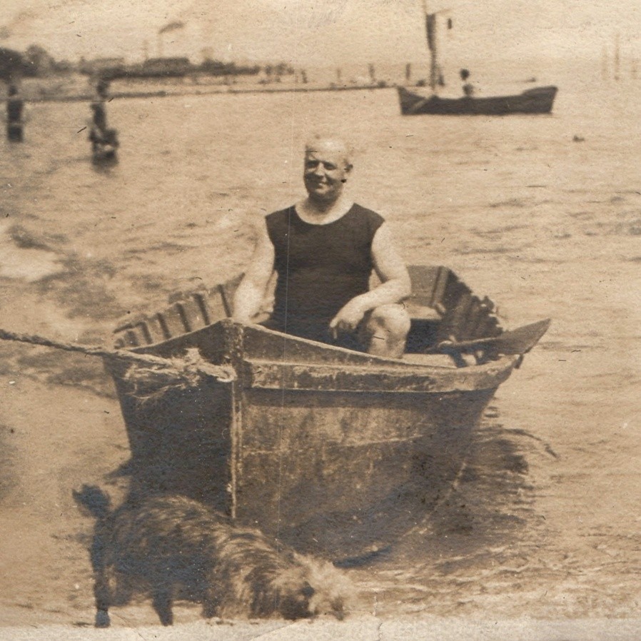 c1910s Man Swimsuit Rowboat Dog Beach Swimmers Snapshot Photo Seaside Resort Vtg