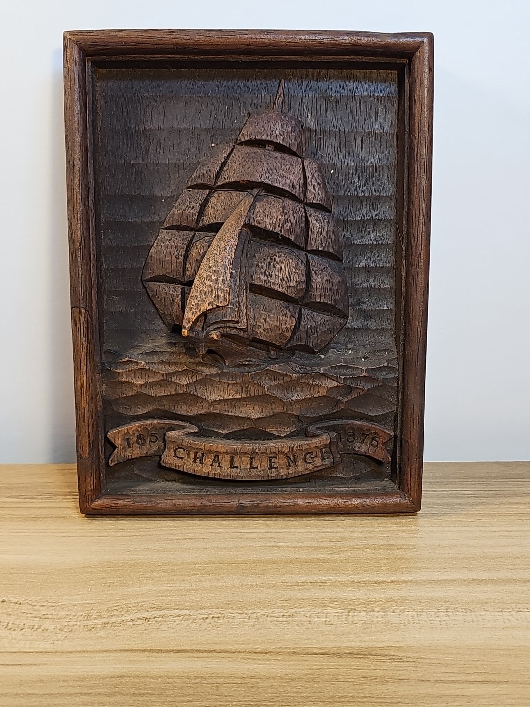 Old Vintage Wood Carved 1851-1876 CHALLENGE Wall Hanging 8.25 x 6.25 Inches