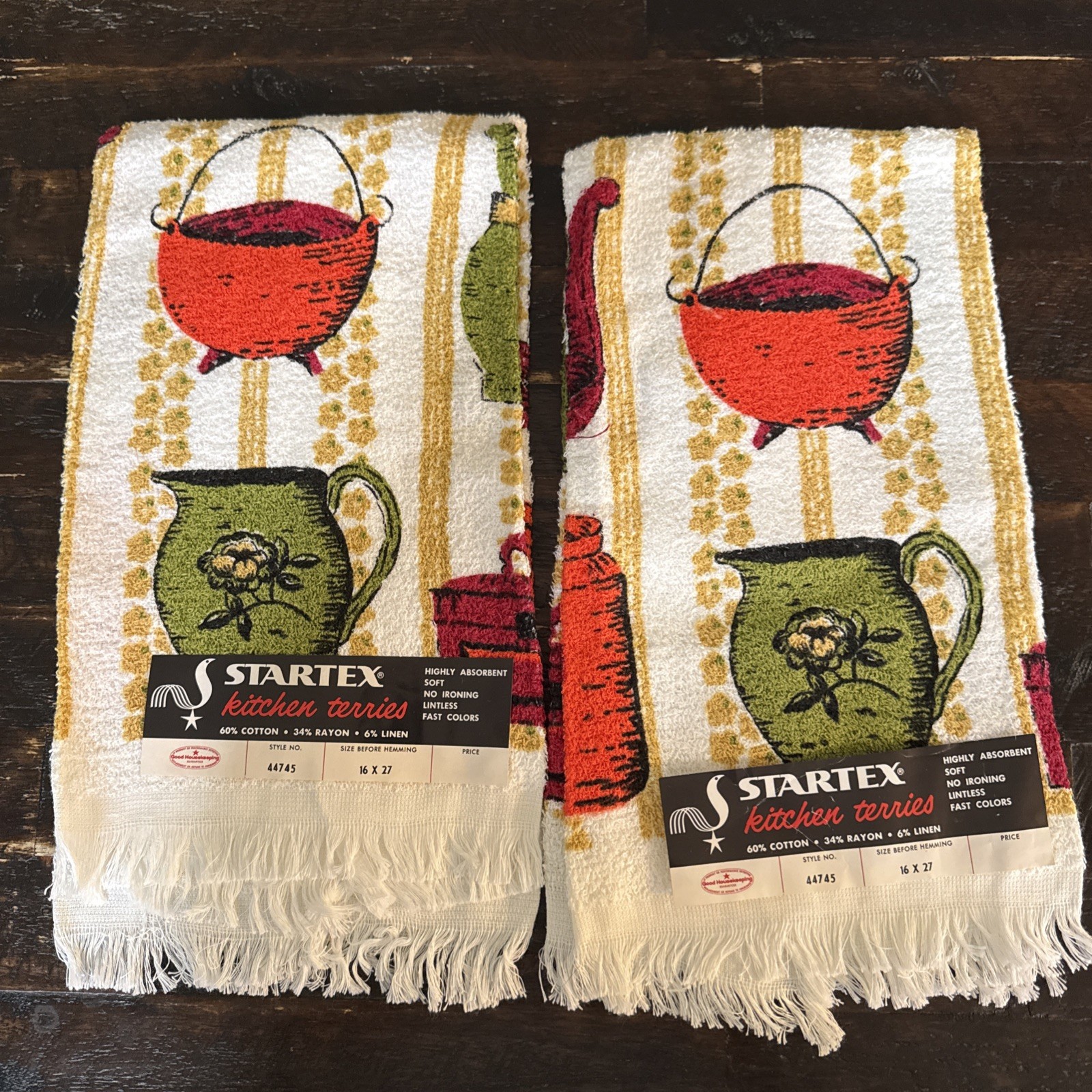 VINTAGE SET 2 NOS STARTEX KITCHEN HAND TOWEL FRINGE MCM 16”x27”