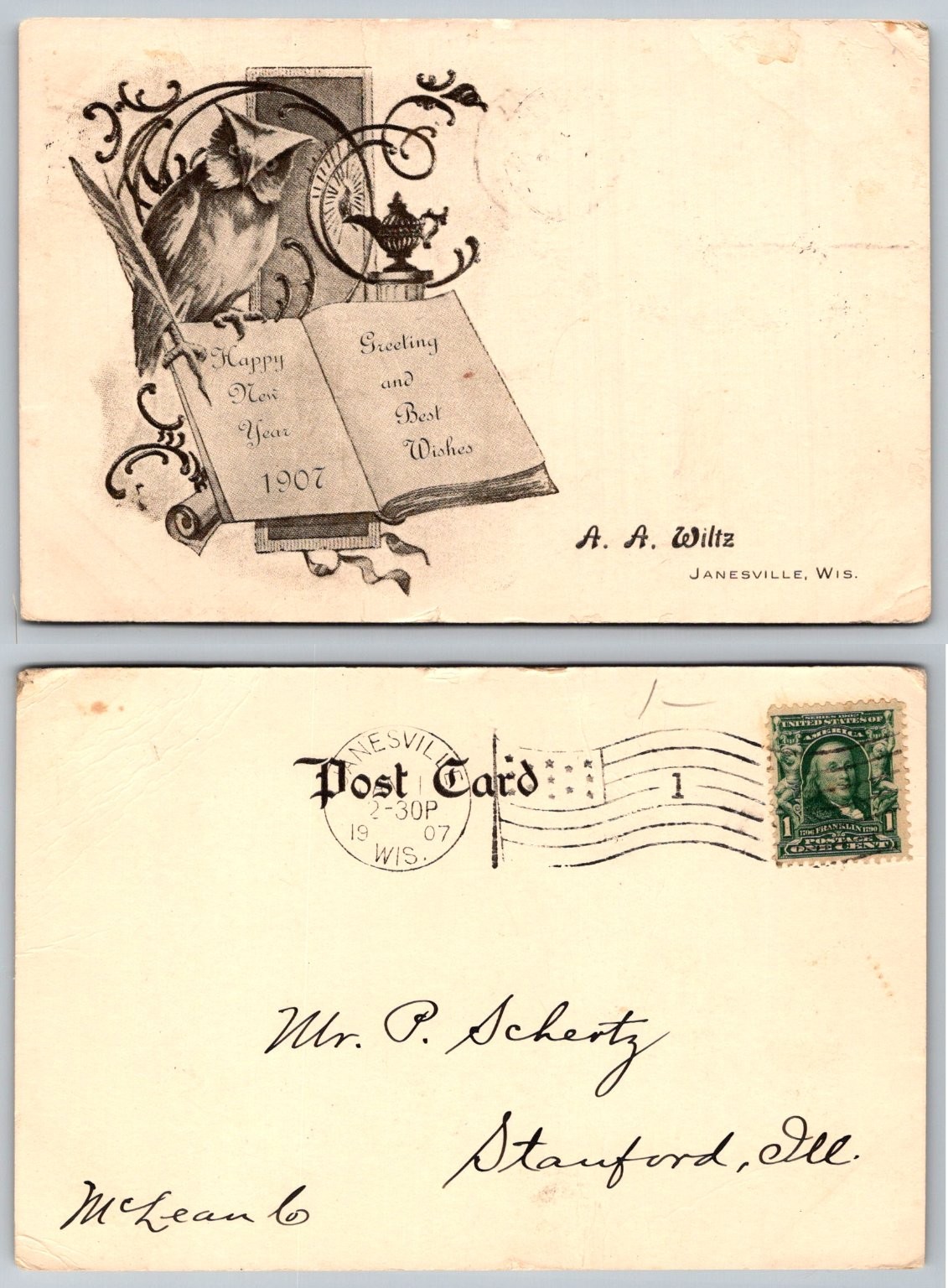 1907 Happy New Year Owl Postcard - Janesville, WI to Stanford, IL Posted