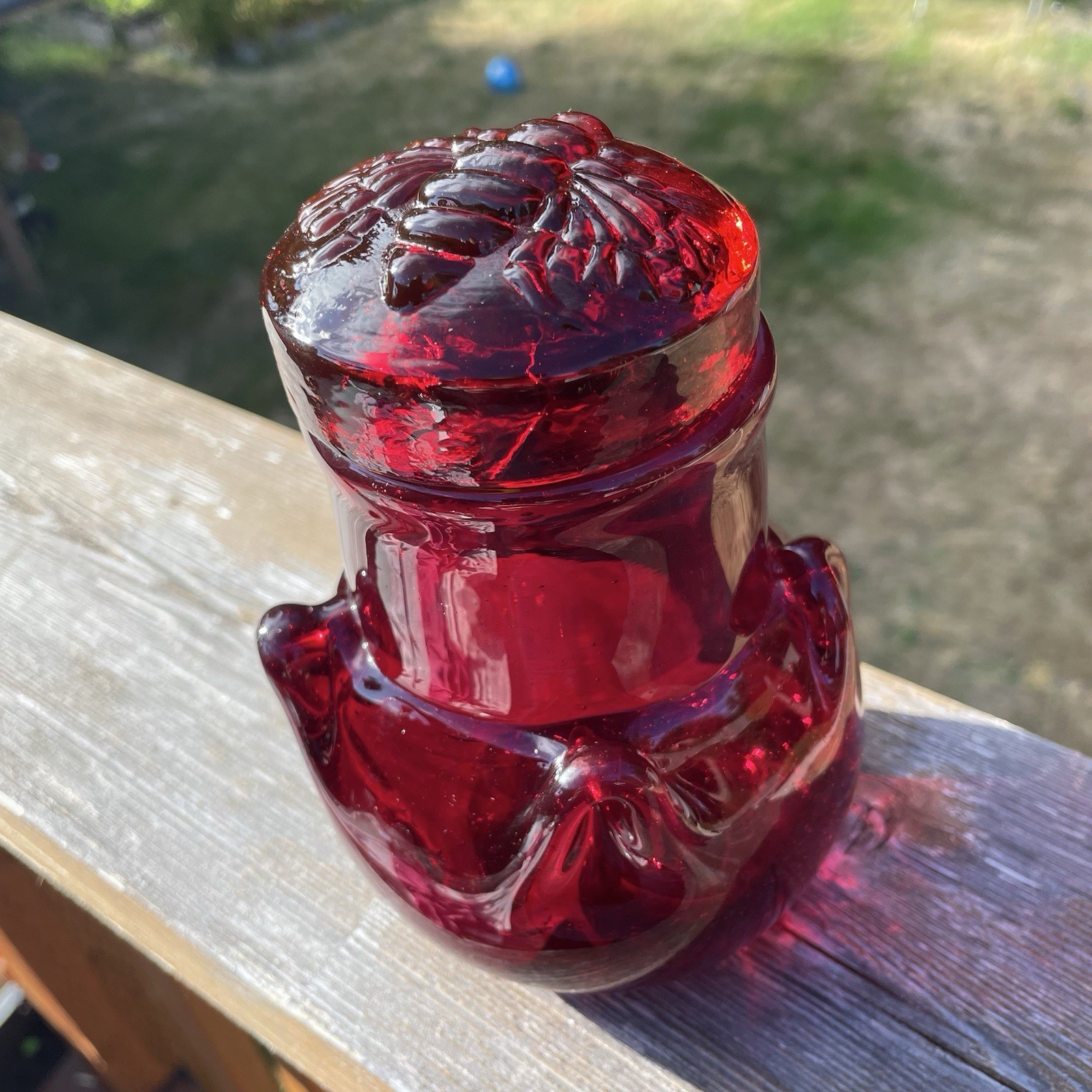 Vintage Ruby Red Glass Jar  Honeybee Embossed Lid Signed Vermont Glass House USA