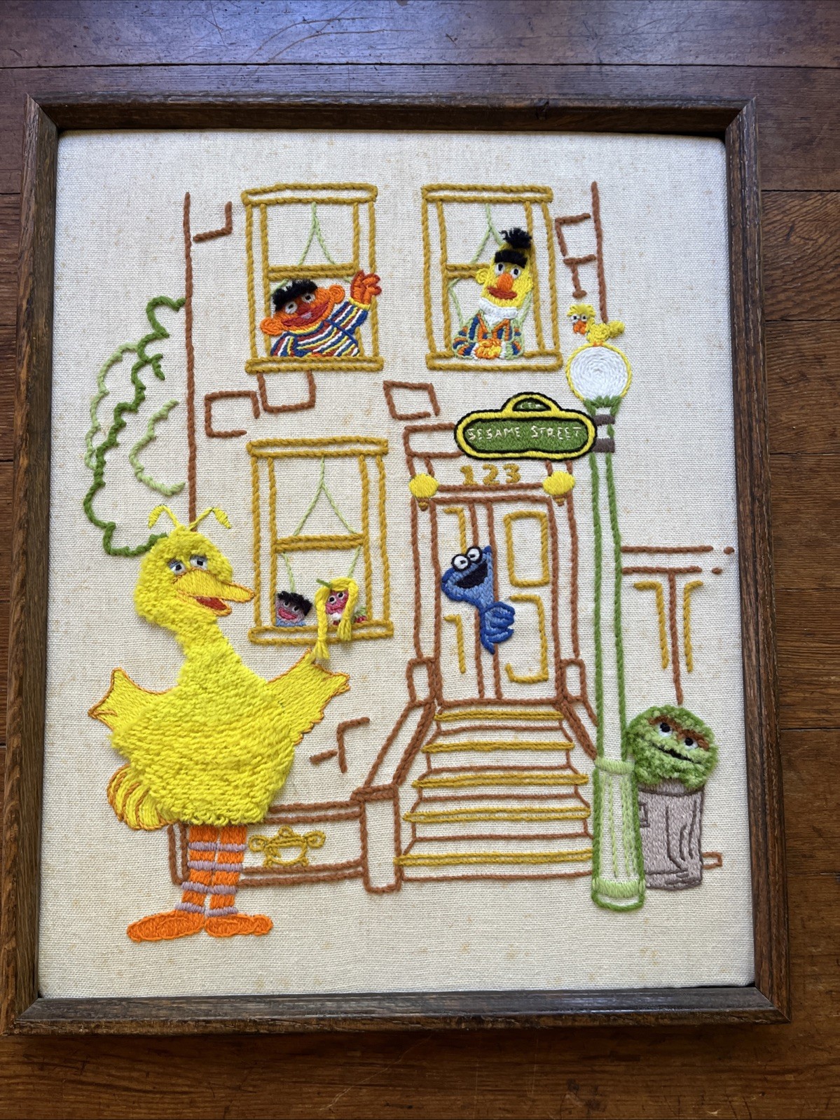 VTG SESAME STREET Wall Art - Stitched By Hand 1970’s Framed Work 21” x 17”