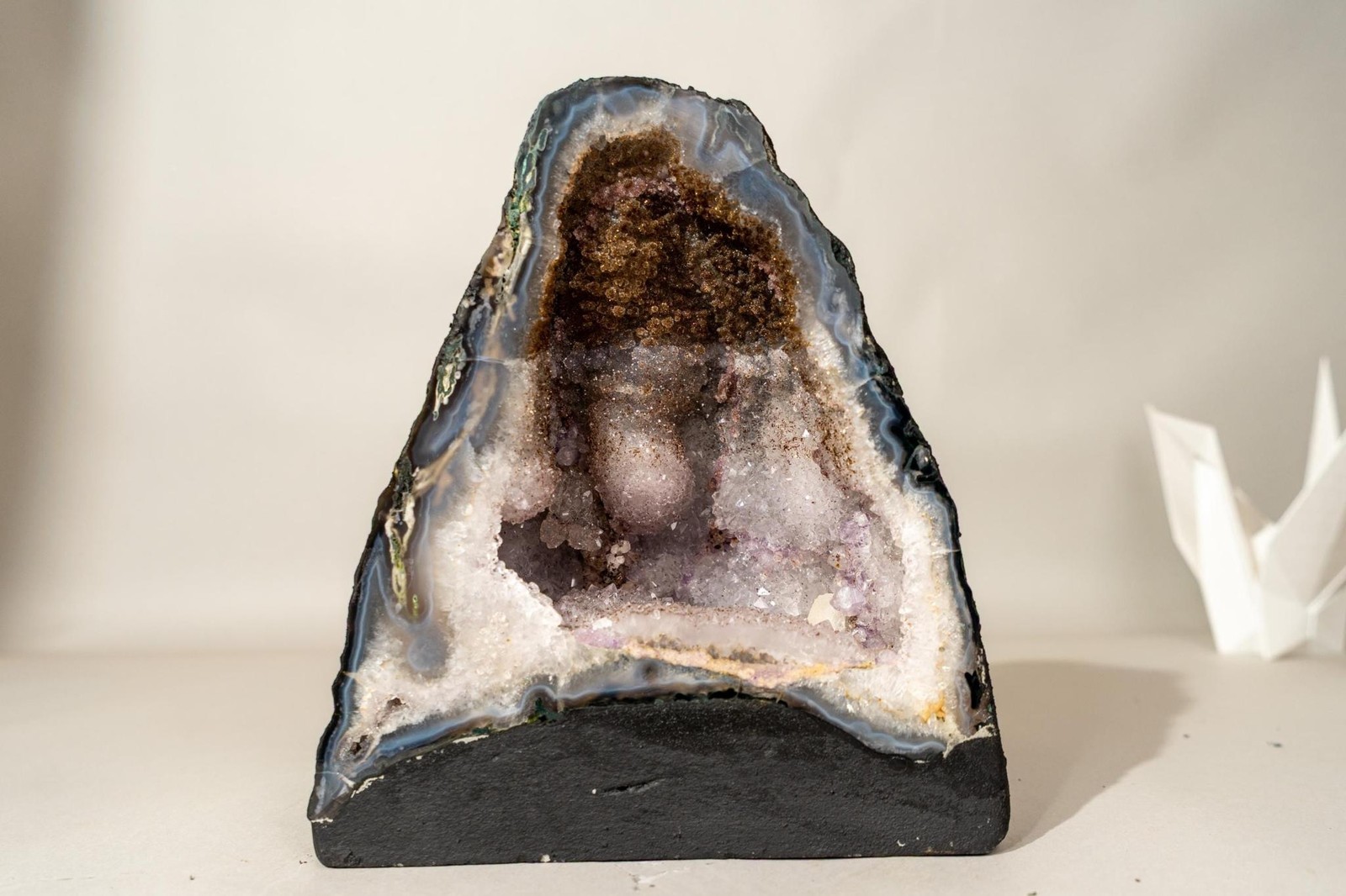 Collector’s Bi-Color Agate Geode with Sparkly Sugar Druzy & Rare White Amethyst