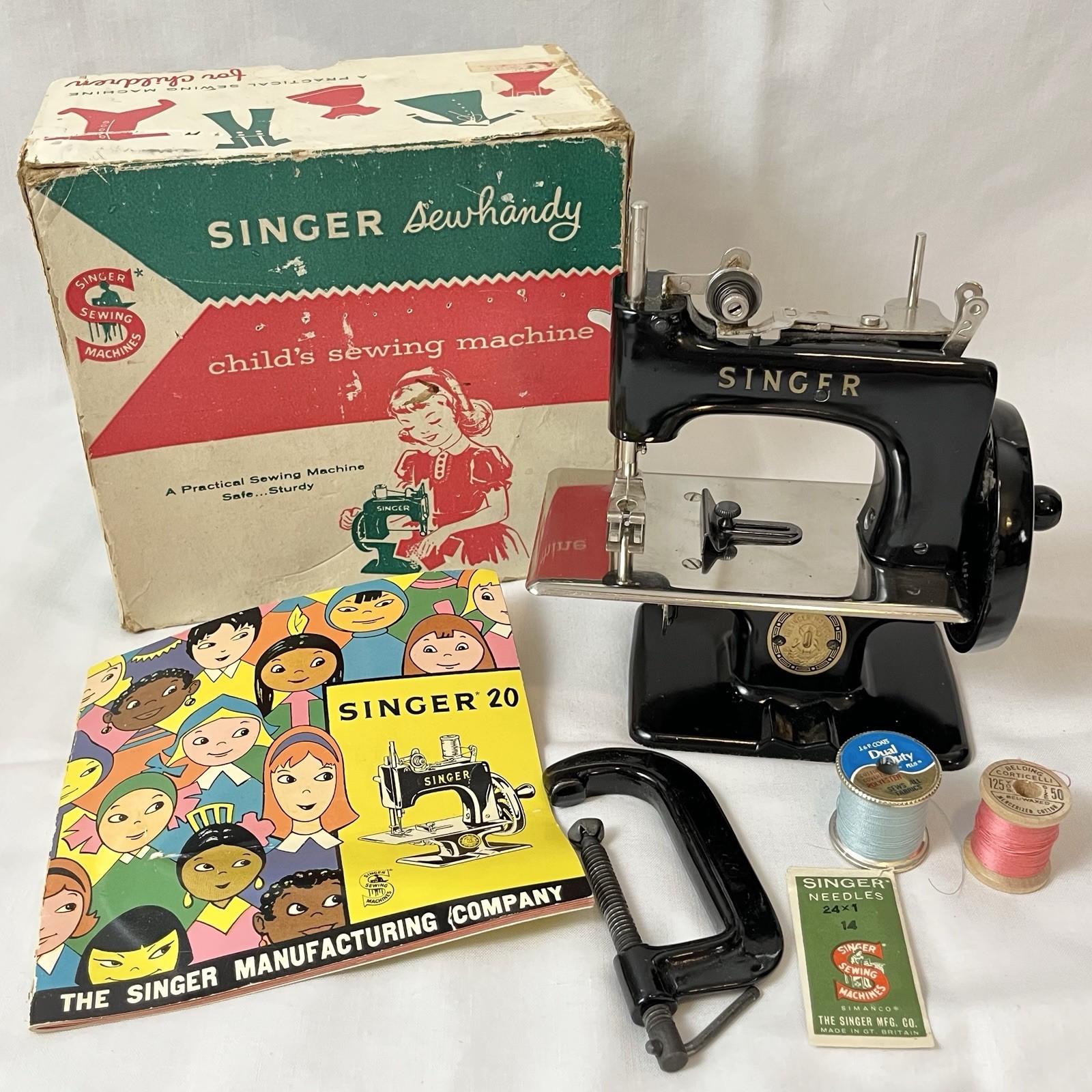 Vintage 1950s Singer Sew Handy Model 20 Black Toy Sewing Machine w/Box HandCrank