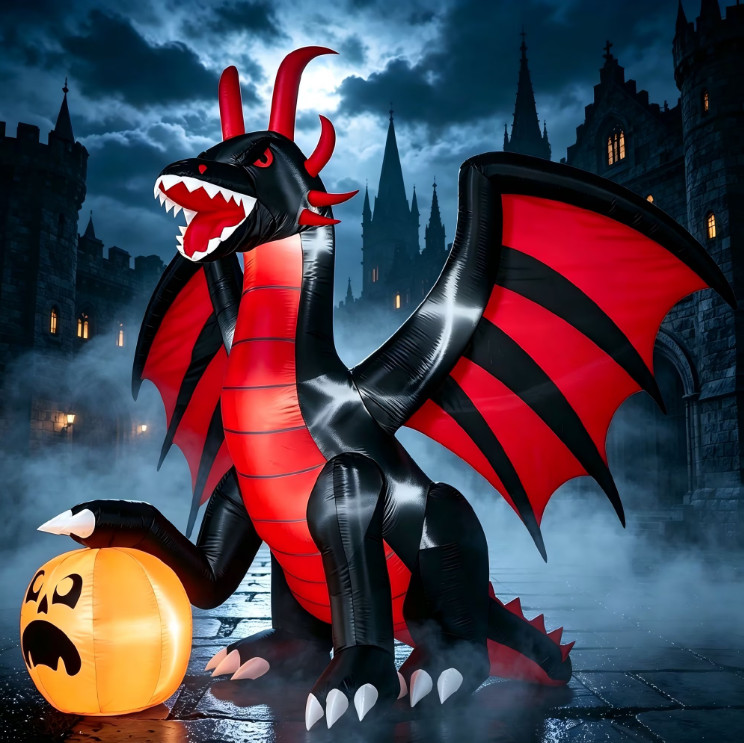 Dragón Inflable Halloween 8 Pies con Calabaza Boca Móvil y Luces LED para Jardín