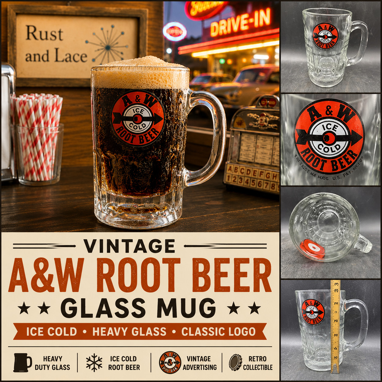 Vintage A&W Root Beer Glass Mug Ice Cold Soda Advertising Mug Restaurantware