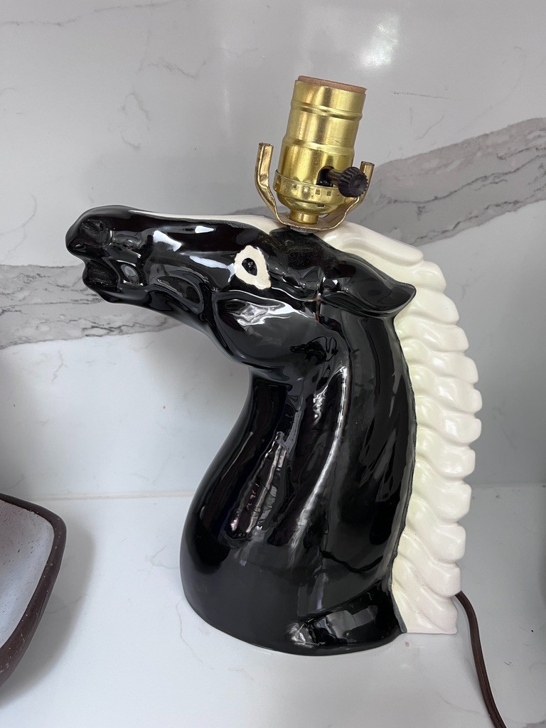 Vintage MCM Black Ceramic Horse Head Table Lamp White Mane Signed Melton Retro