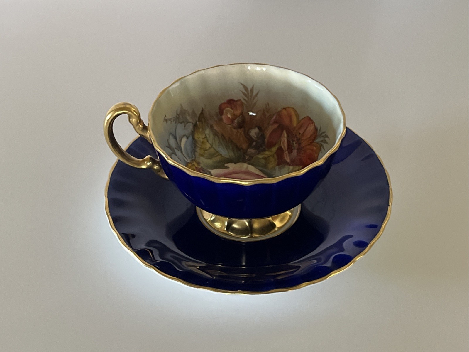Vintage Aynsley Signed J A Bailey Cobalt Blue Cabbage Rose Teacup & Saucer