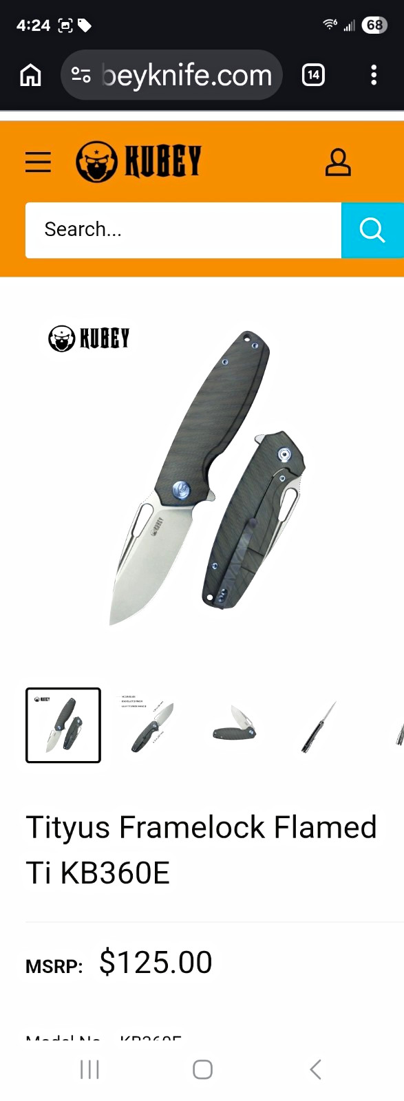 Kubey Tityus KB360E Pocketknife 14C28N Drop Point Plain Frame Lock Titanium