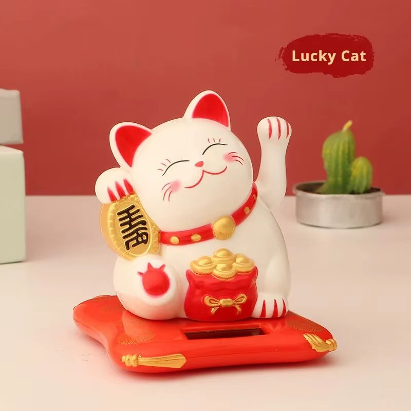 Solar Powered Lucky Beckoning Cat Waving Wealth Fortune Home Office Decor White