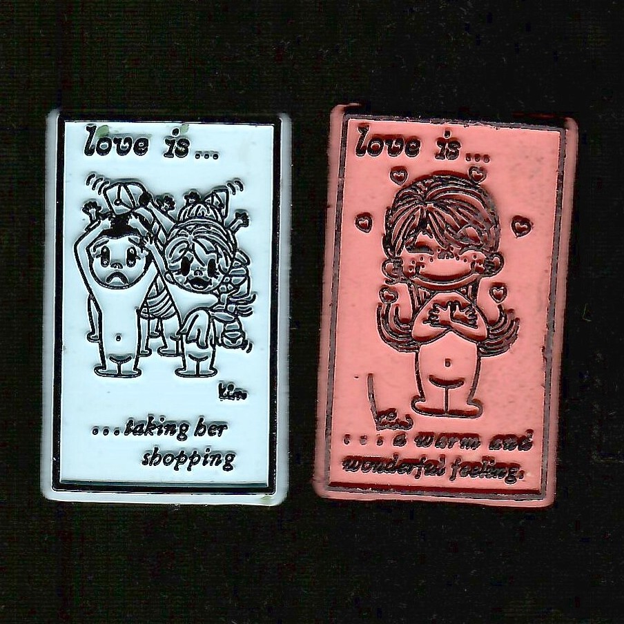 Love is... 2x Lot Vtg Set Novelty Magnet Rubber Flexible Kim Casali Fridge  '70s