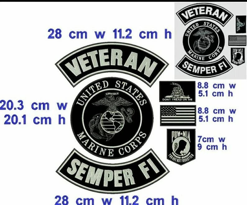 US Marine Corps Veteran Semper Fi Large Back Patch Set USMC Biker Motorcycle