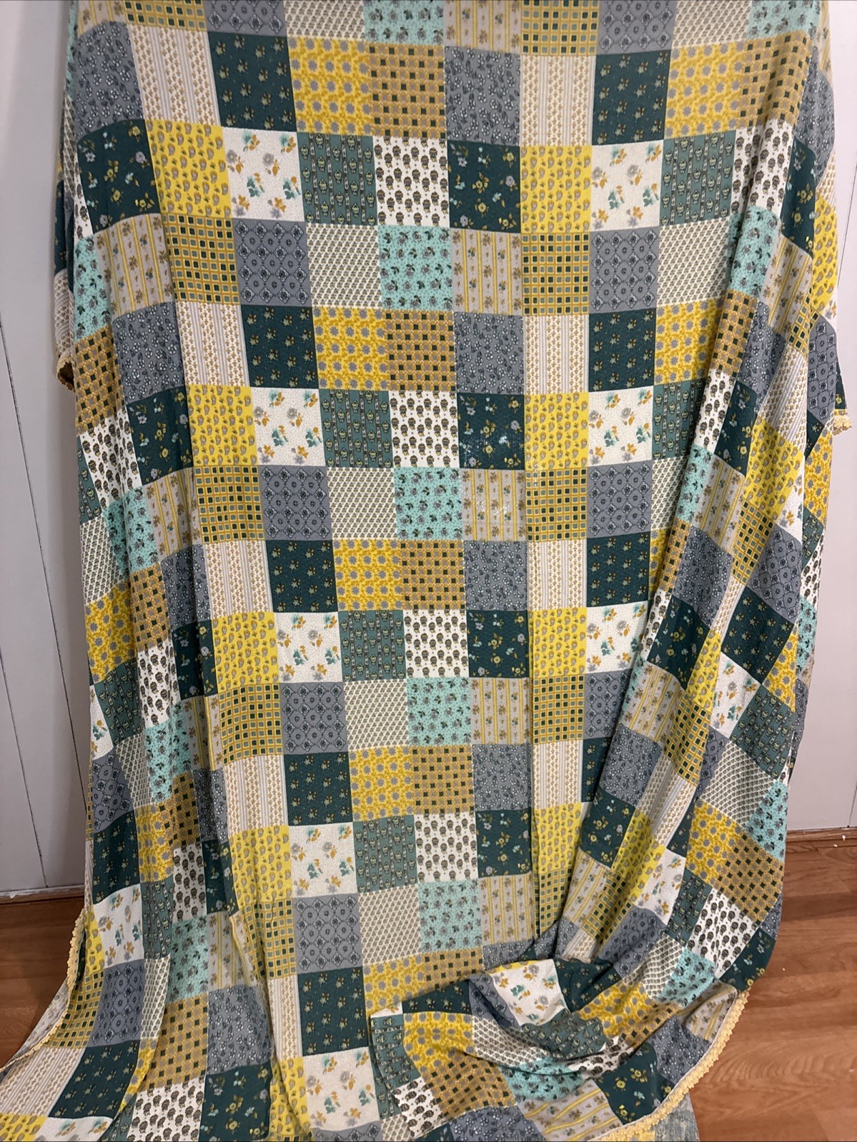 Vtg Granny Core Patchwork Look Multi Color Fabric-Coverlet W/ Trim -180” X 102”