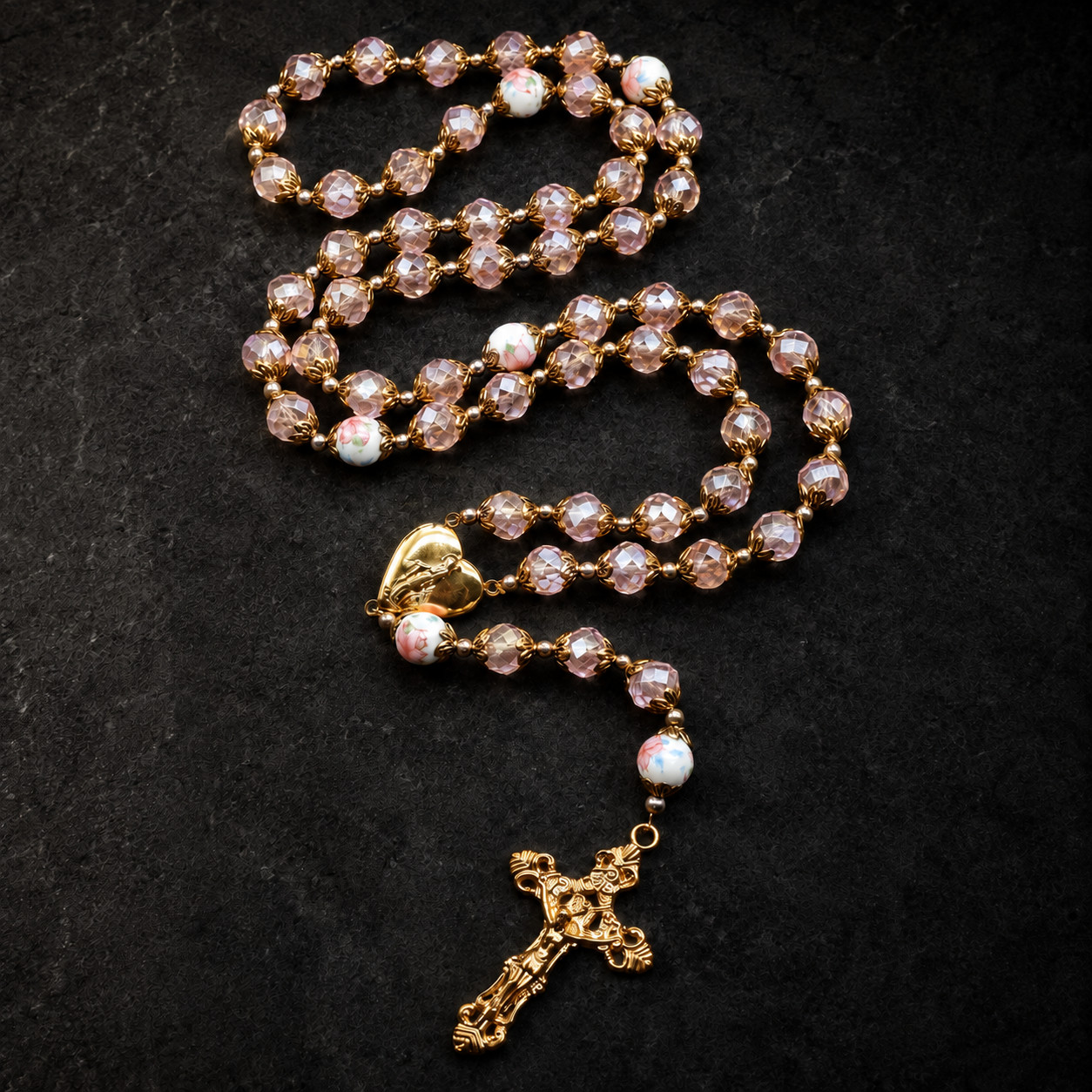 Beautiful Pink Crystal Glass Bead Catholic Rosary Gold Holy Mary Locket Crucifix