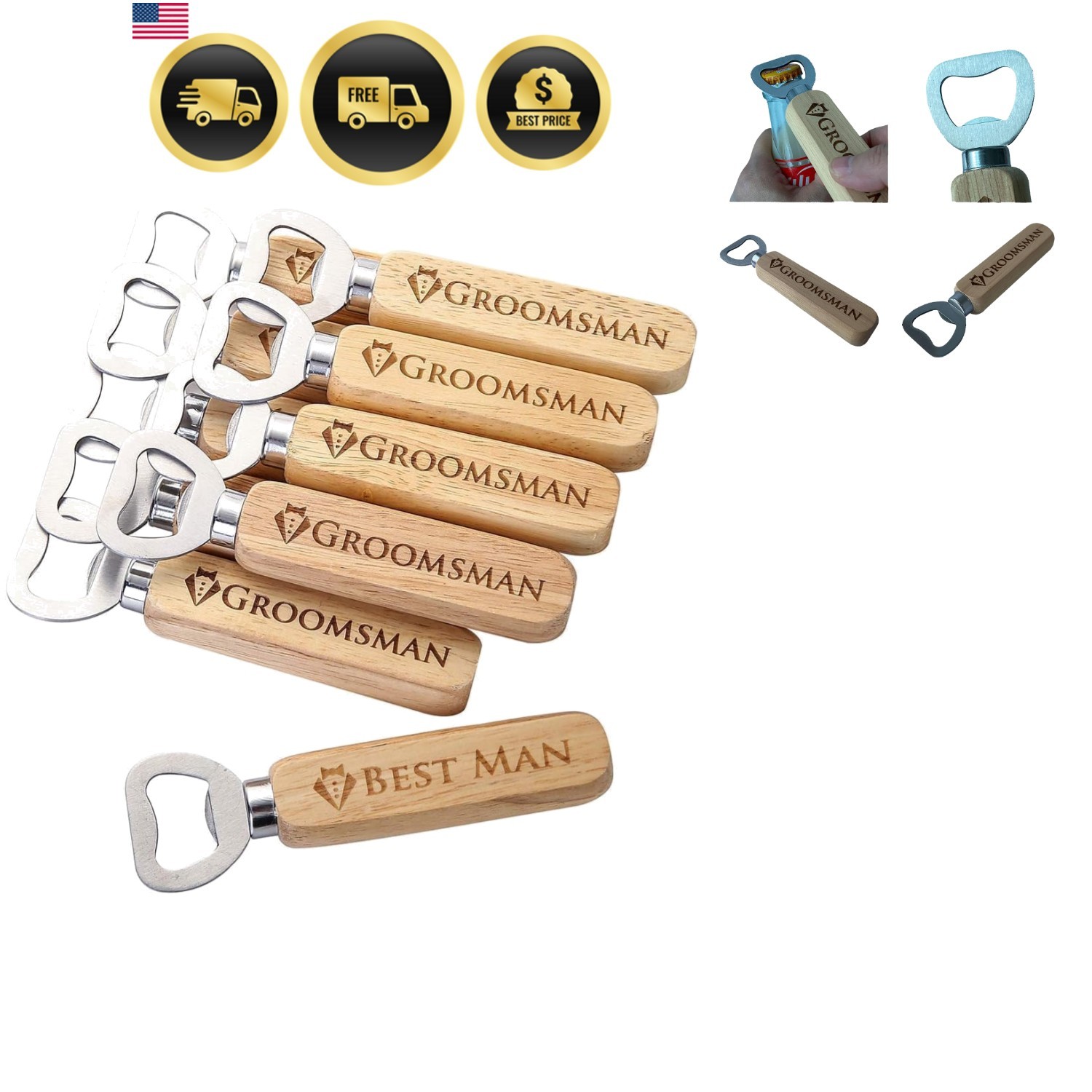 Pongs Set of 10 Wooden Bottle Opener Cap Opener, Groomsmen Gift, Best Man Gif...