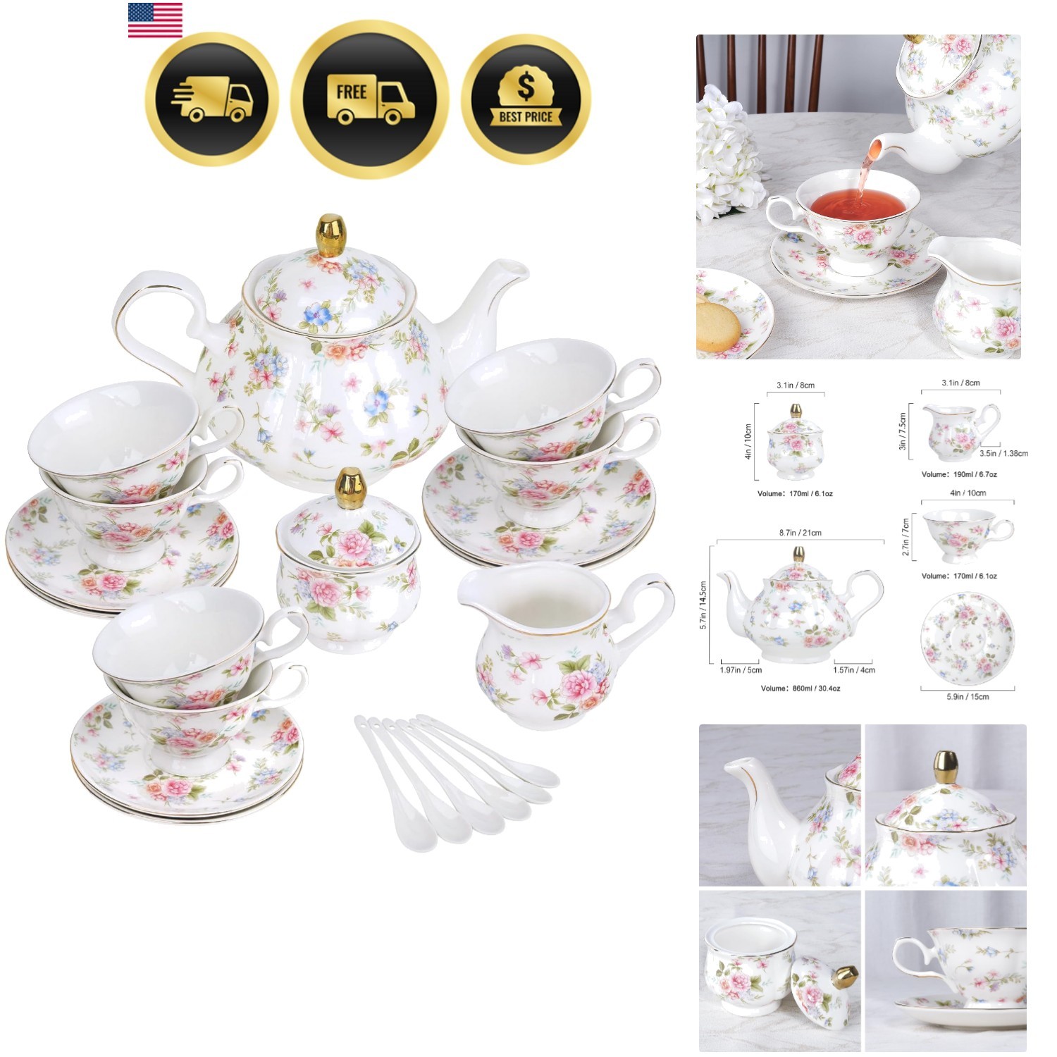 21 Piece Vintage Pink Blue Floral Porcelain Tea Set with Gold Trim 21 Piece Vintage Pink Blue Floral Porcelain Tea Set with Gold Trim
