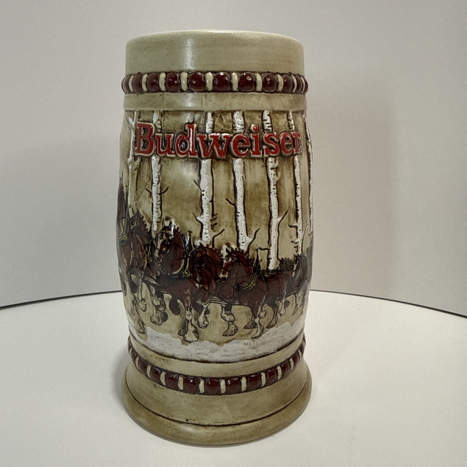 Vintage 1981 Budweiser Beer Stein Ceramarte “Snowy Woodlands” Clydesdale Horses