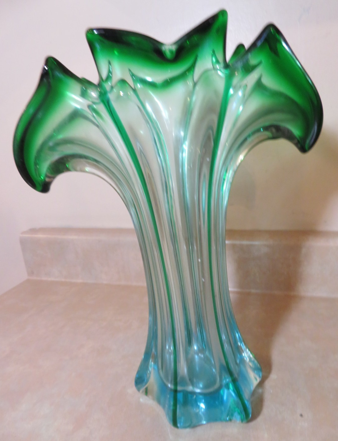 Vintage Handblown Art Glass Vase Green Blue Ruffled Rim, Unusual Design, Murano?