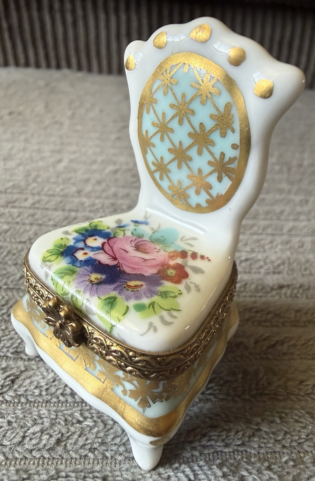 VTG Handpainted Jewelry Limoges France Chair Trinket Box Roses Floral Porcelain