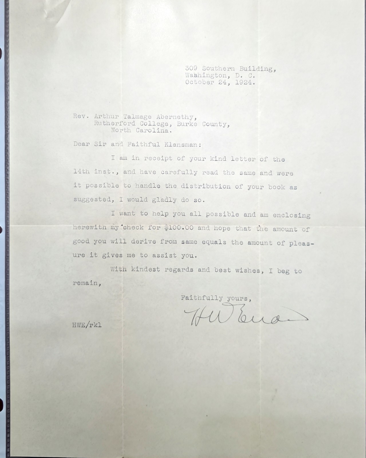 Rare Hiram Wesley Evans Signed Historical Document